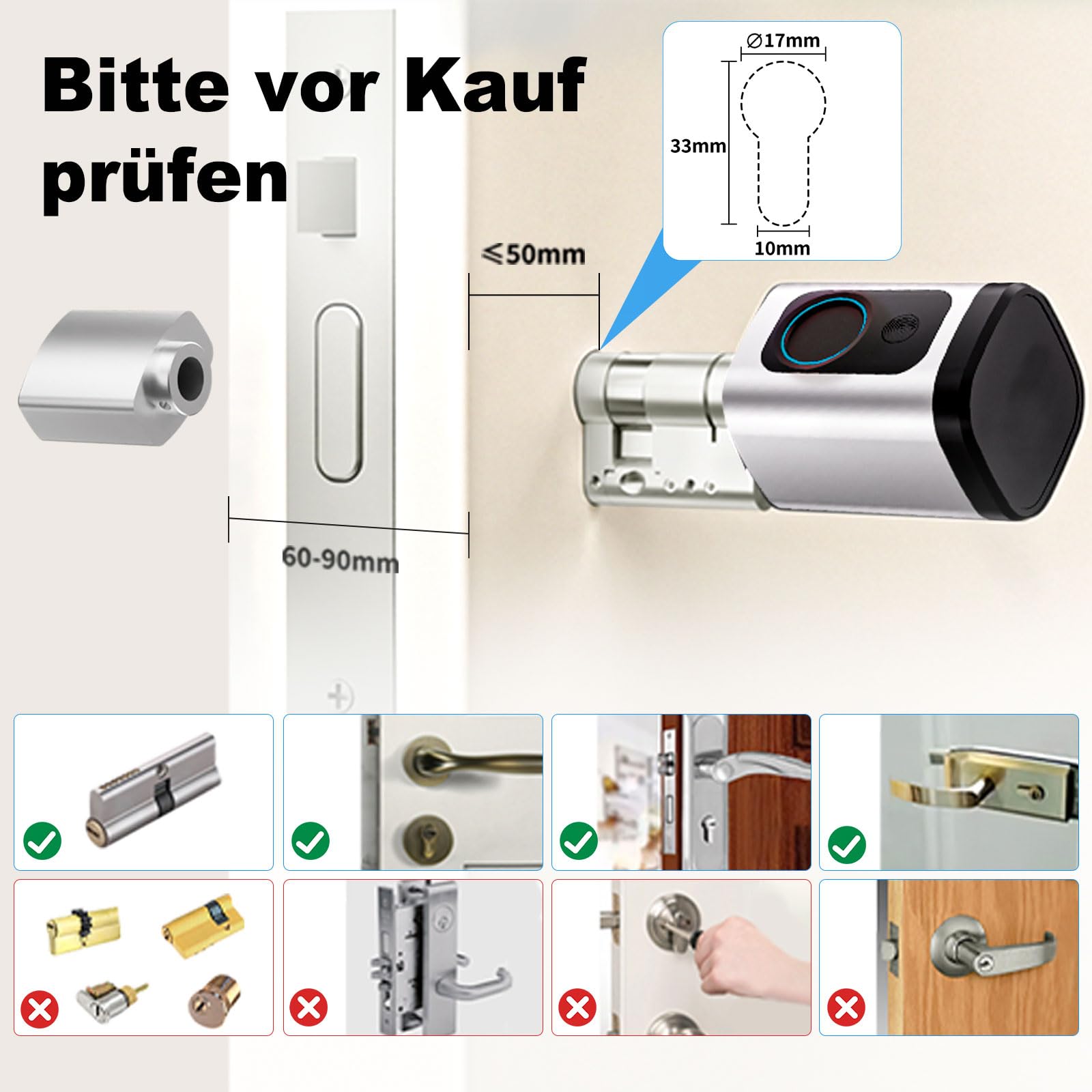 Türschloss Fingerabdruck, Fingerabdruck Schloss, Verstellbare Länge elektronisches türschloss, Smart Lock mit RFID-Karte, App, WLAN, Bluetooth-Entriegelung,Verlängerungszubehör,60–90 mm,Silber