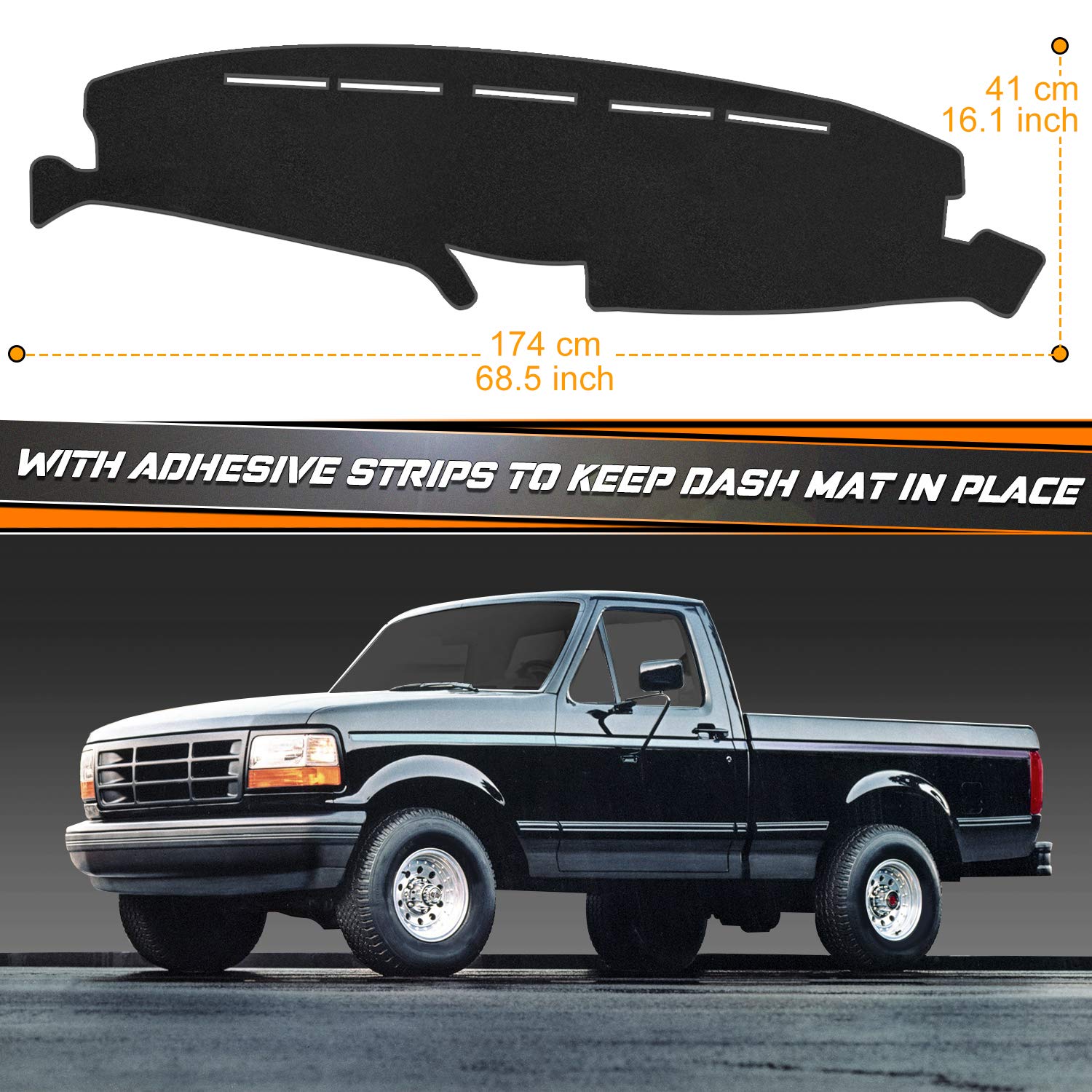 Black Polyester Dash Mat For 1992-1996 Ford F150 F250 F350 – Front Dashboard Cover