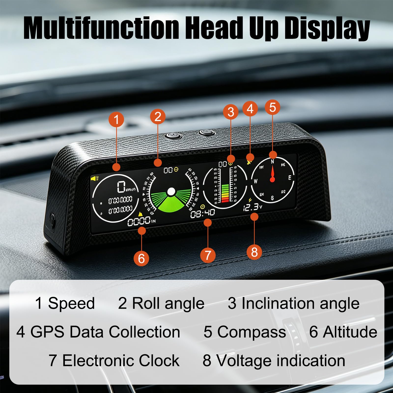 Inclinometro 4x4, Inclinometro Digitale Fuoristrada, Tachimetro Universale per Auto, Head Up Display Auto GPS HUD Con Bussola, Spina accendisigari