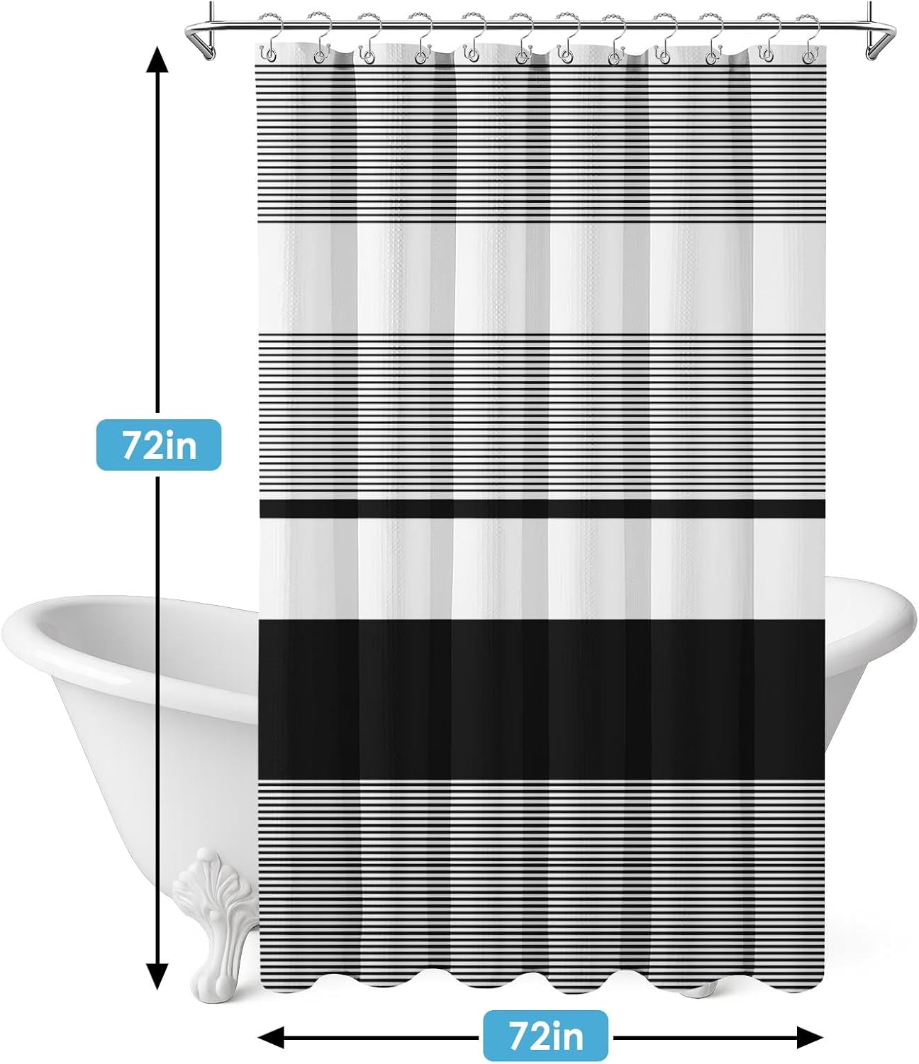 Shower Curtain and Liner, Black Striped 3 in 1 Shower Curtain and PEVA Liner Set with 12 Rust-Resistant Metal Hooks, Waterproof Fabric Shower Curtains for Bathroom, 72 W x 72 H
