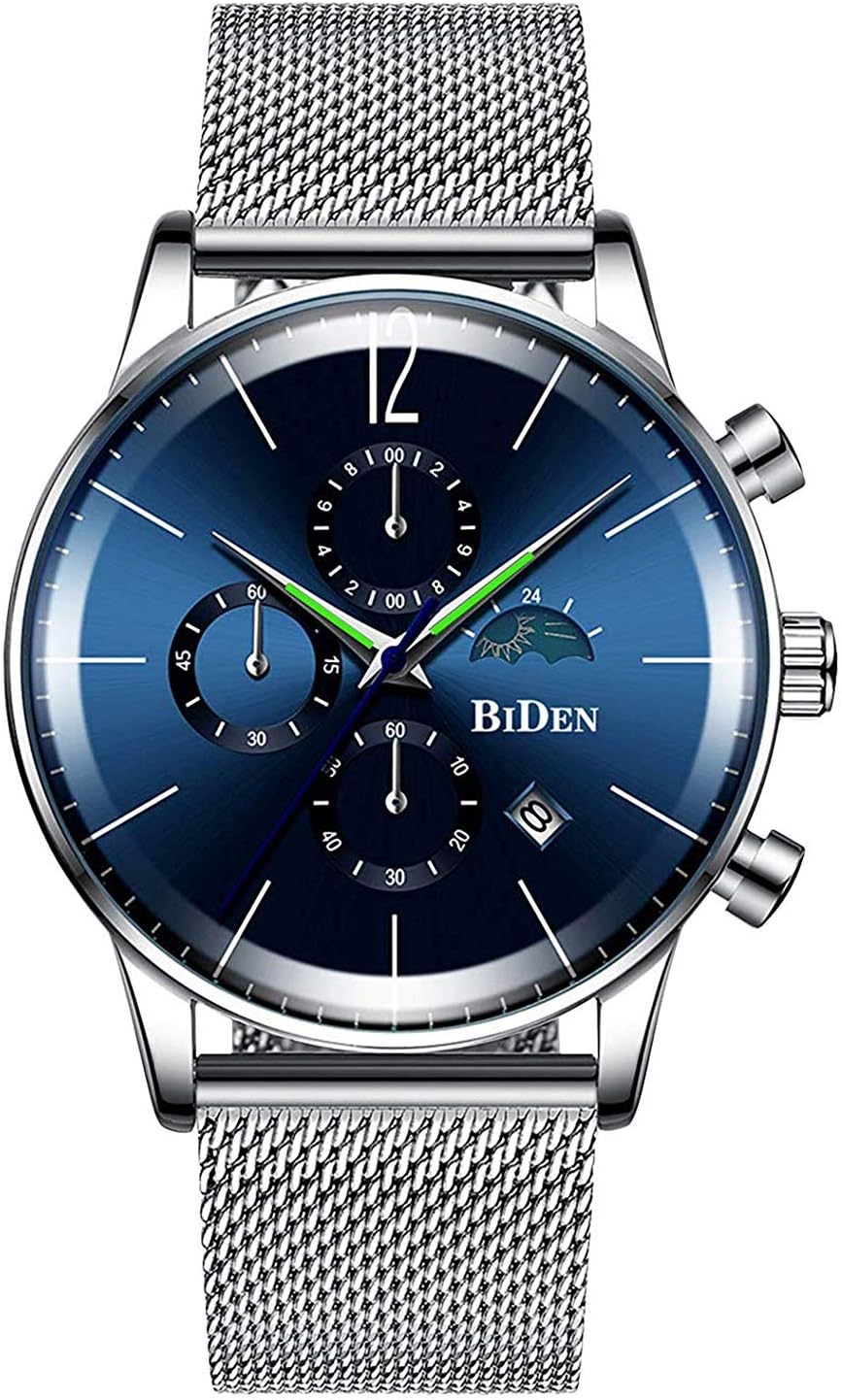 BHGWR Mens Analogue Quartz Watch, 30M Waterproof Wrist Watch for Men with Date Calendar Stopwatch, Silver Dress Watches with Stainless Steel Mesh Strap for Man