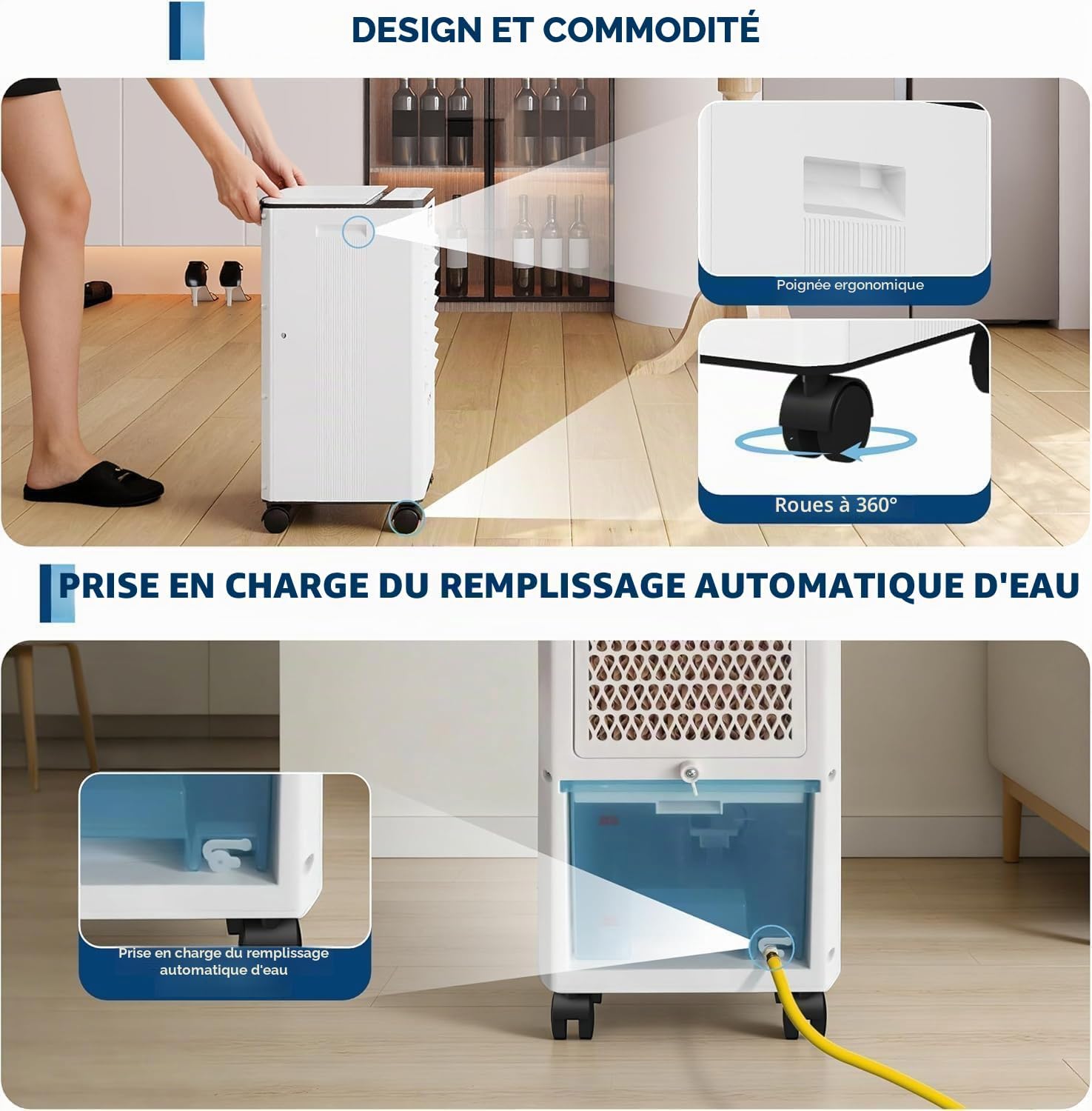 Garvee portable air conditioner showing ergonomic handle, 360-degree wheels, and automatic water refill feature.