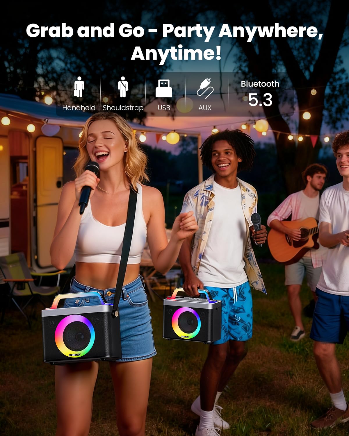 Karaoke Portatile Bluetooth per Adulti e Bambini - 2 Microfoni Wireless, Tracolla, Divertente Cambio di Voce, Supporto USB/AUX, per Eventi All'aperto e Regali per Feste