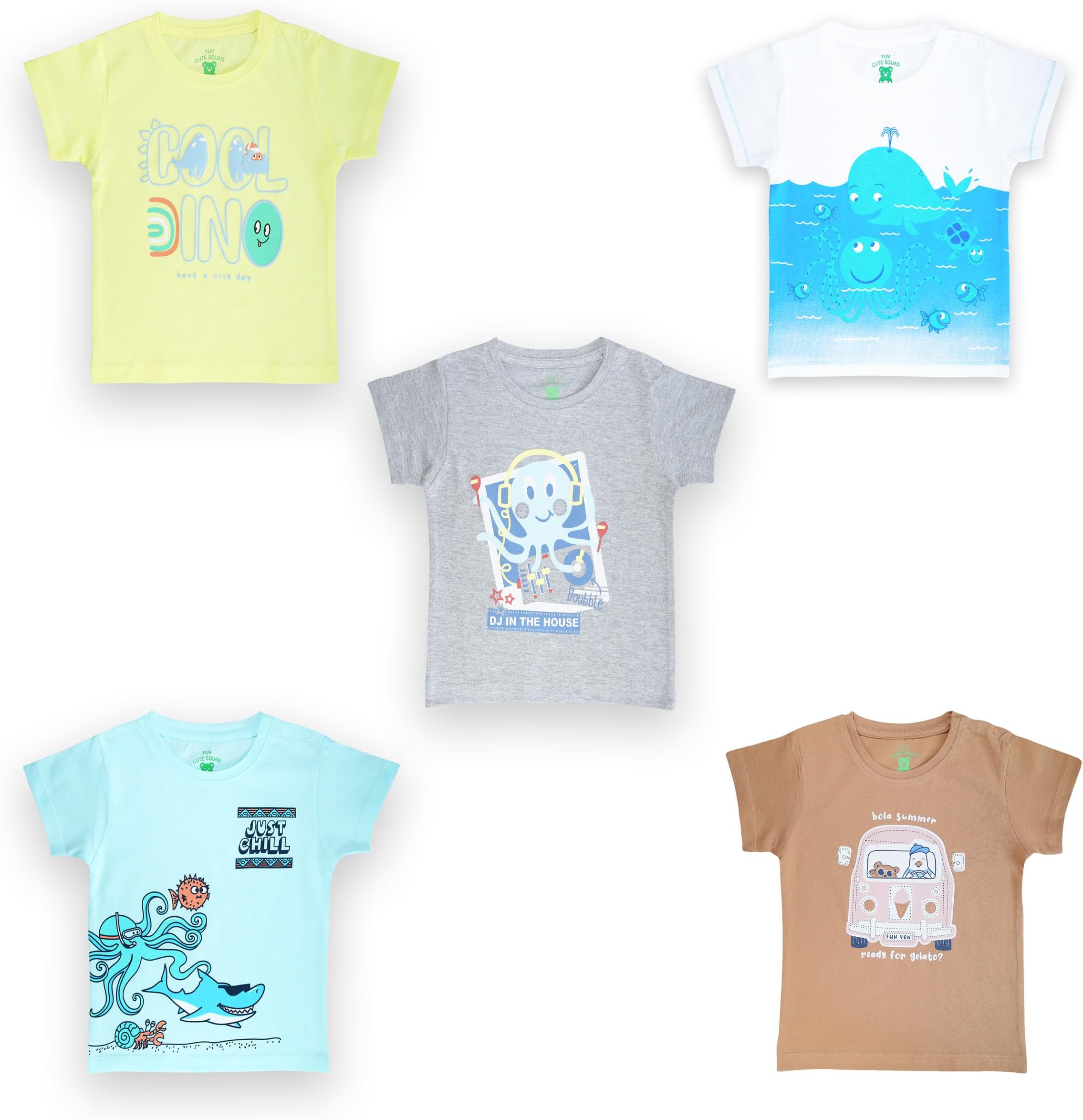 Infant Baby Boys & Girls 100% Cotton Printed Multicolor Half Sleeve T Shirts - 0 to 24 Months Babies, Pack of 5