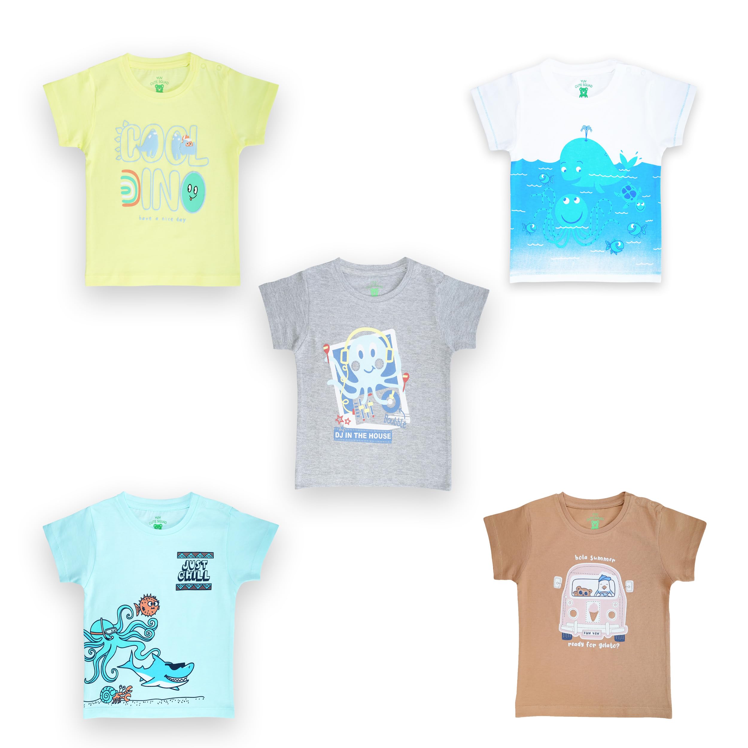 YUV Infant Baby Boys & Girls 100% Cotton Printed Multicolor Half Sleeve T Shirts - 0 to 24 Months Babies, Pack of 5