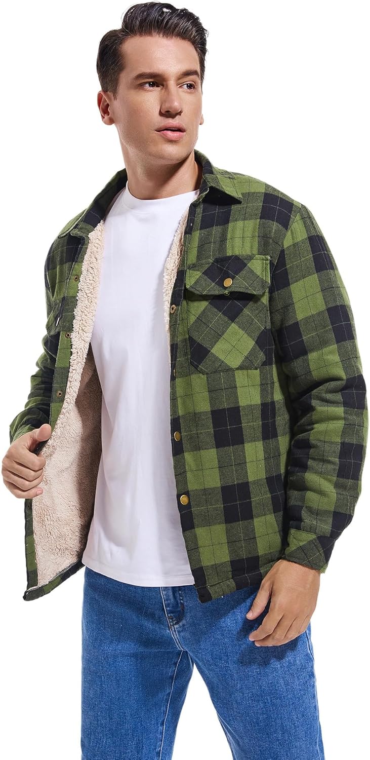 Men's Sherpa Lined Cotton Flannel Shirt Jacket Plaid Button Up Jacket Coat for Men with Pocket - Image 5
