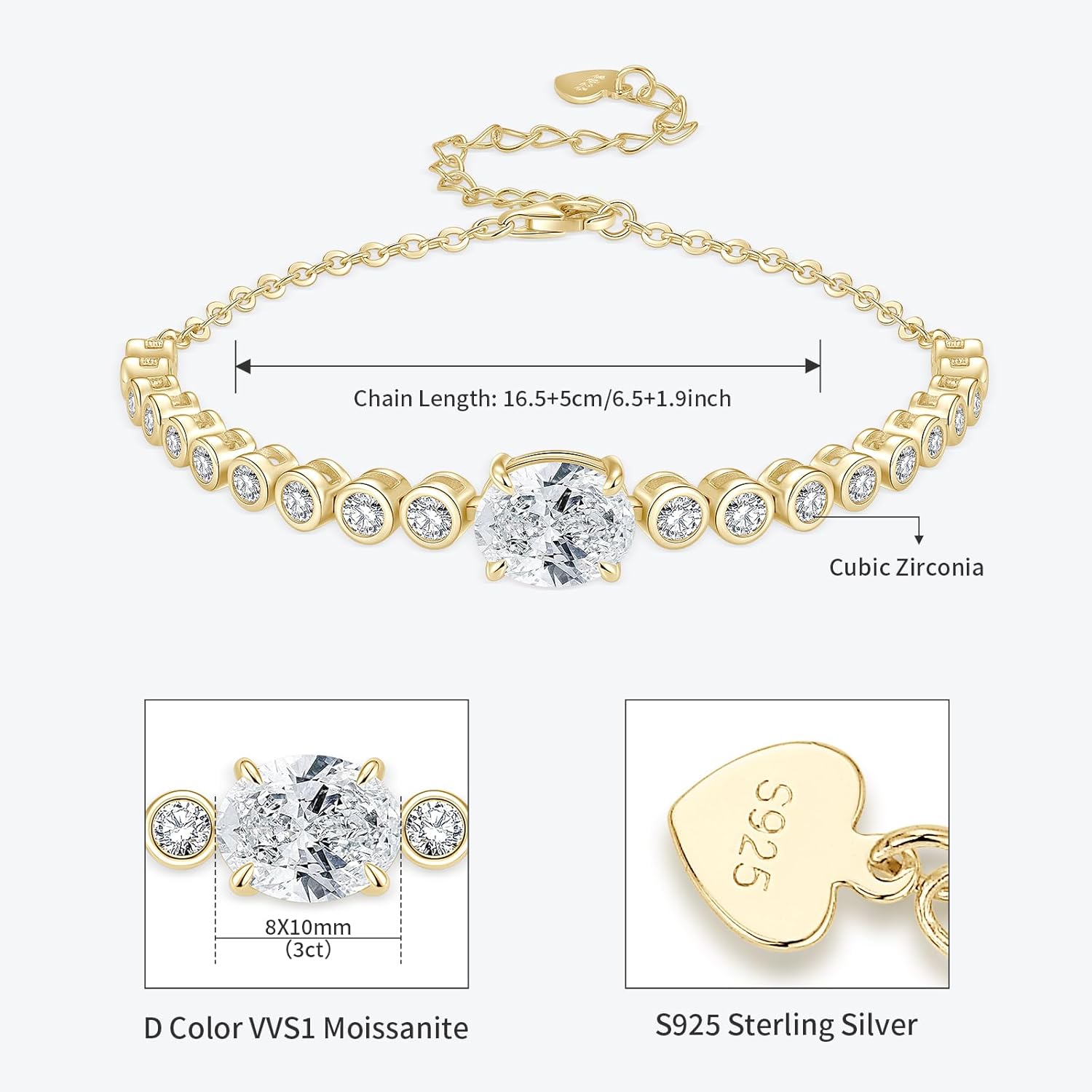 3CT Oval Moissanite Link Bracelet, 8x10mm Oval Cut D Color VVS1 925 Sterling Silver Adjustable Moissanite Bracelets for Women Mom Birthday Jewelry Gifts - Image 3