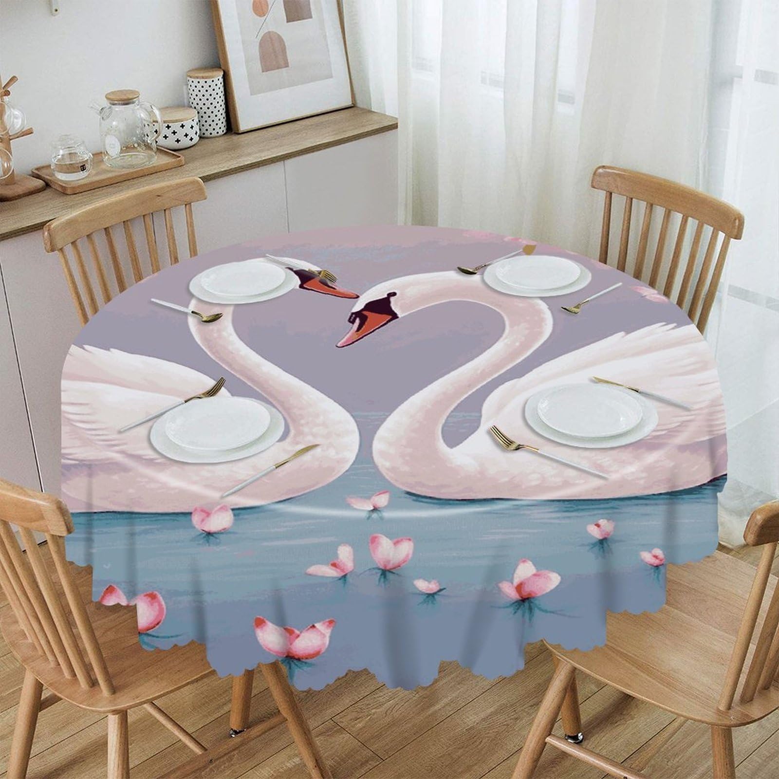 VstaDank White Swans with Pink Floral Tree Round Tablecloth 60 Inch Easy to Clean Circle Table Cover Thick Decorative Round Polyester Table Cloth for Dining Kitchen Party Farmhouse Outdoor