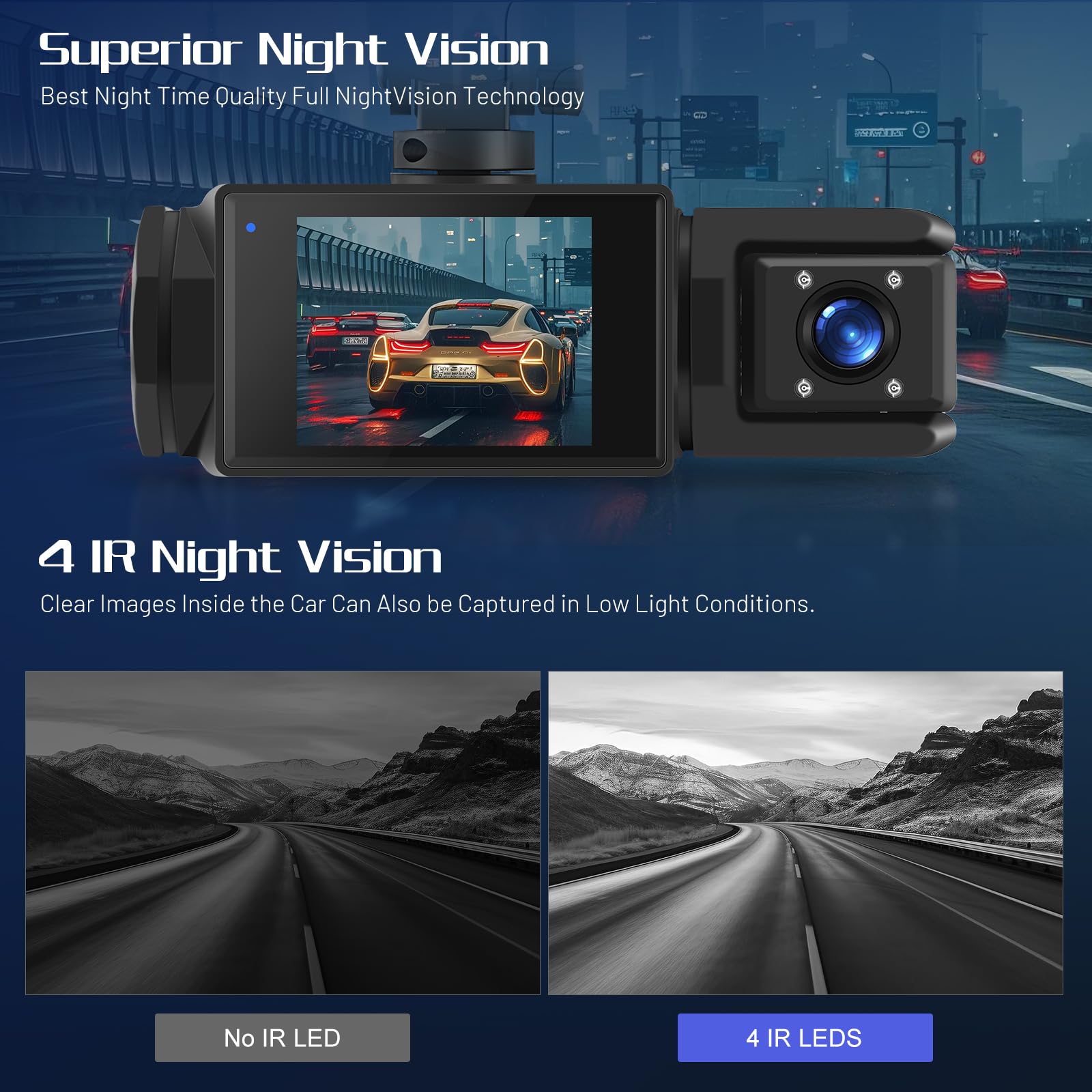 1080P WiFi Dash Cam, 3 Canali Dash Cam Anteriore e Posteriore all'interno, Full HD 2,0 Pollici Schermo IPS Dash Camera per auto con Registrazione in Loop, Visione Notturna, Rilevamento del Movimento