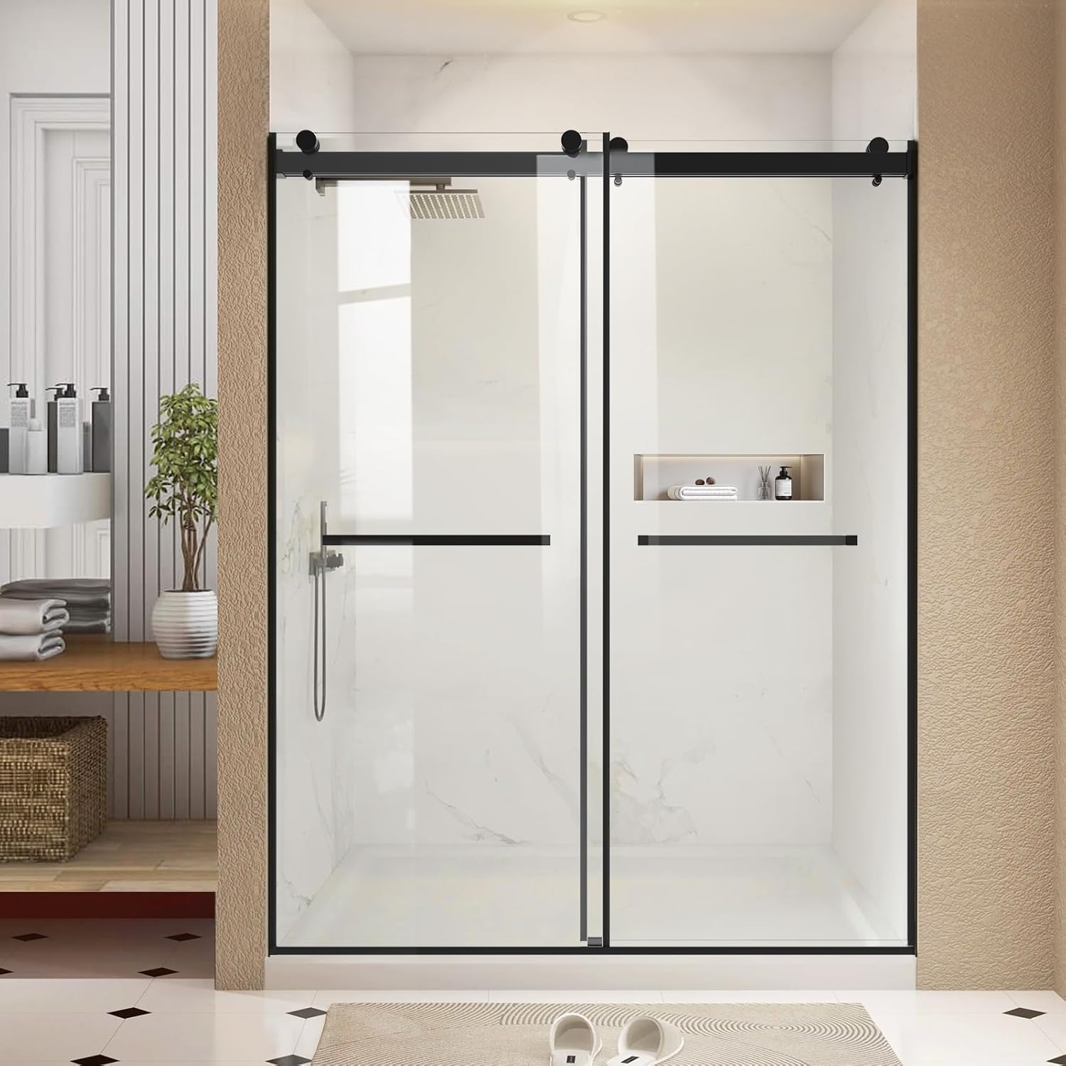 Shower Wall Panels with Built-in Shelf + Frameless Black Sliding Shower Door Bundle