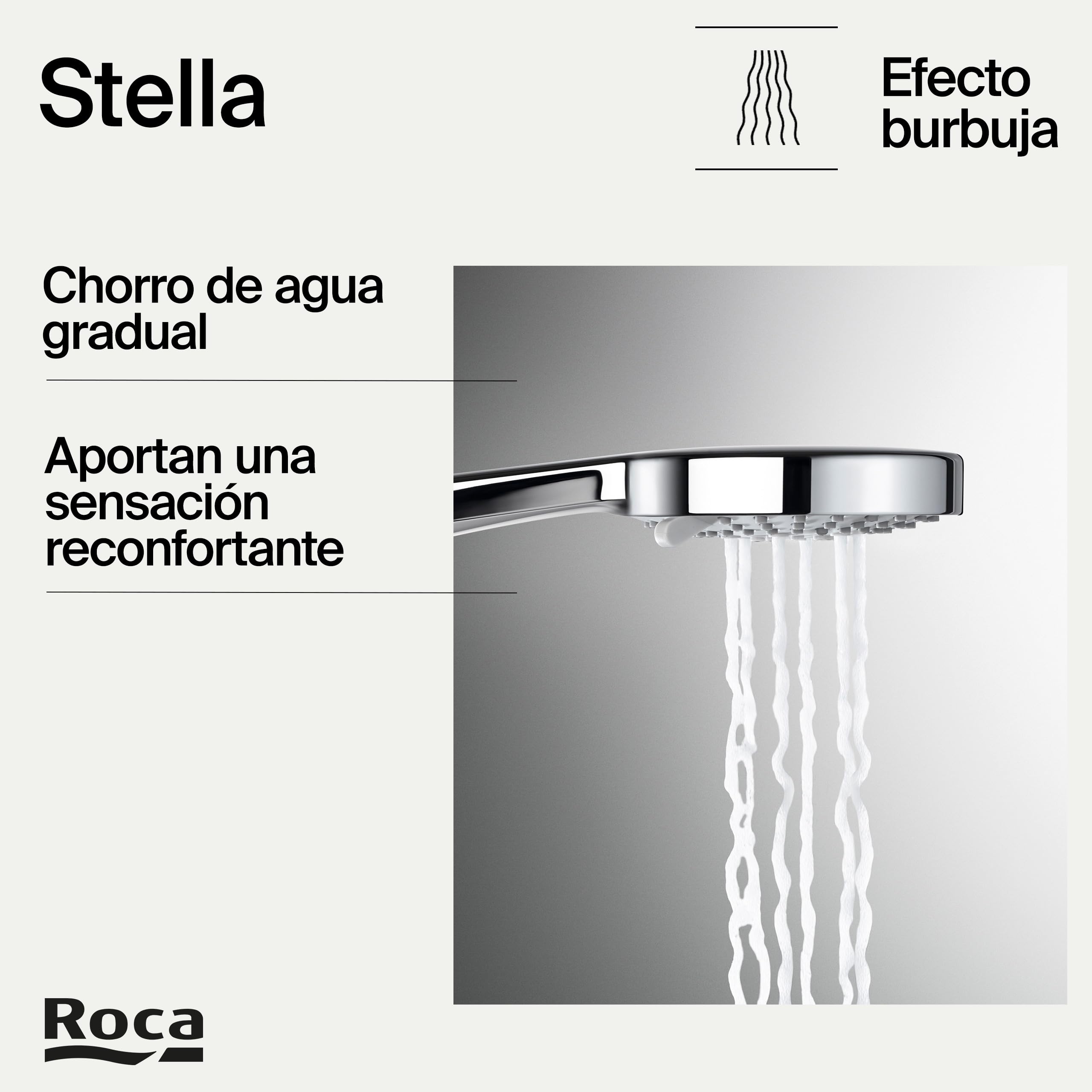Roca,Stella,Set de ducha. Incluye ducha de mano de 100 mm de 3 funciones, soporte de ducha articulado y flexible de PVC satinado de 1,70 m,A5B1C03C00
