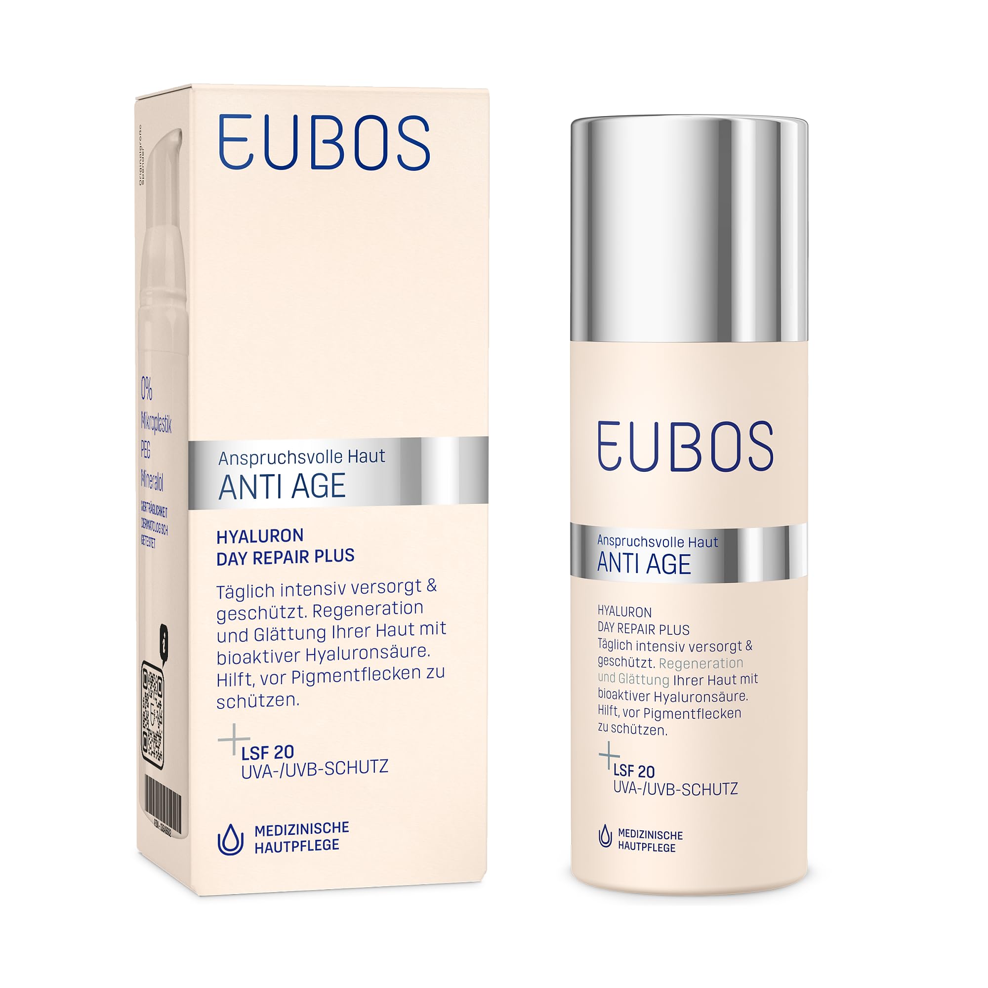EUBOS ANTI AGE, Hyaluron Day Repair Plus LSF 20, Anti Falten Tagescreme für trockene Haut mit Sonnenschutz, Schutz vor Hautalterung, Hautschädigung, Hautverträglichkeit dermatologisch bestätigt, 50ml