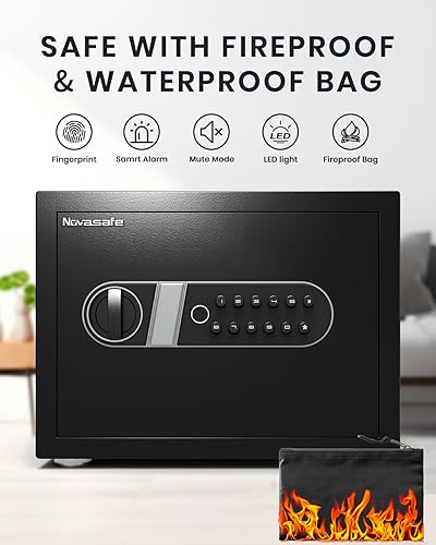 Miniatura 6 de Caja de seguridad biométrica, caja de seguridad para el hogar con bolsa impermeable ignífuga y llave, gabinete de dinero de seguridad de 0.8 pies