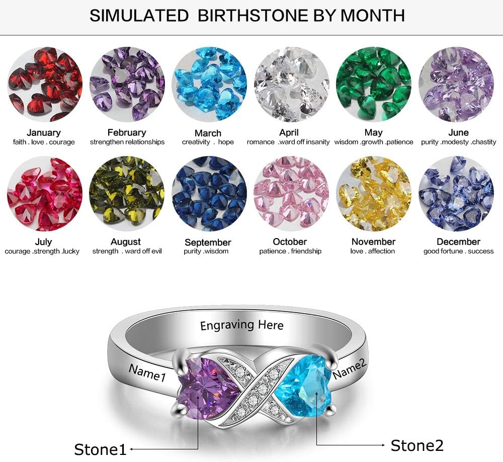 Personalized Infinity Mothers Ring with 2 Heart Simulated Birthstones Engagement Promise Rings for Women