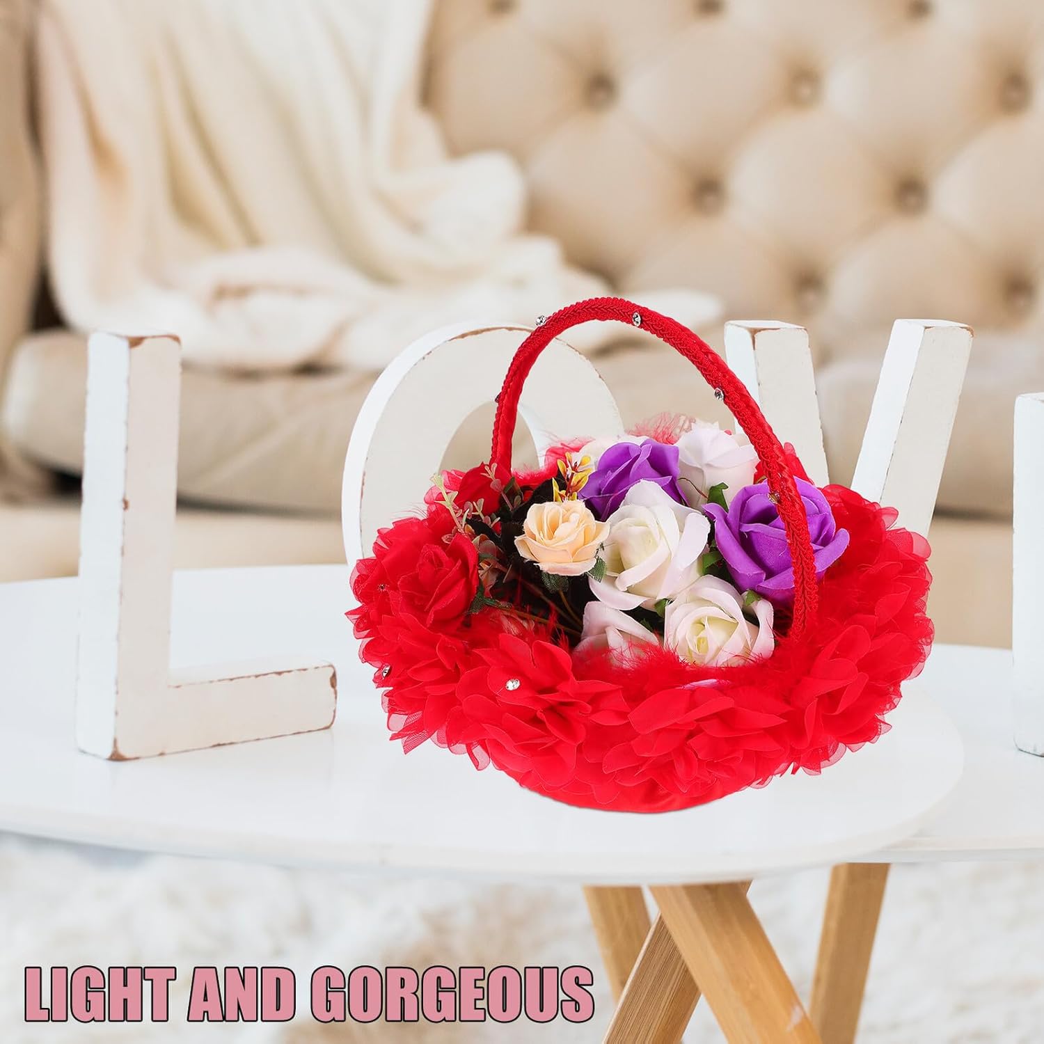 Wedding Flower Basket for Flower Lace Imitation Handheld Basket in Red and White Large Capacity Wedding Ceremony for Bridal Party Supplies