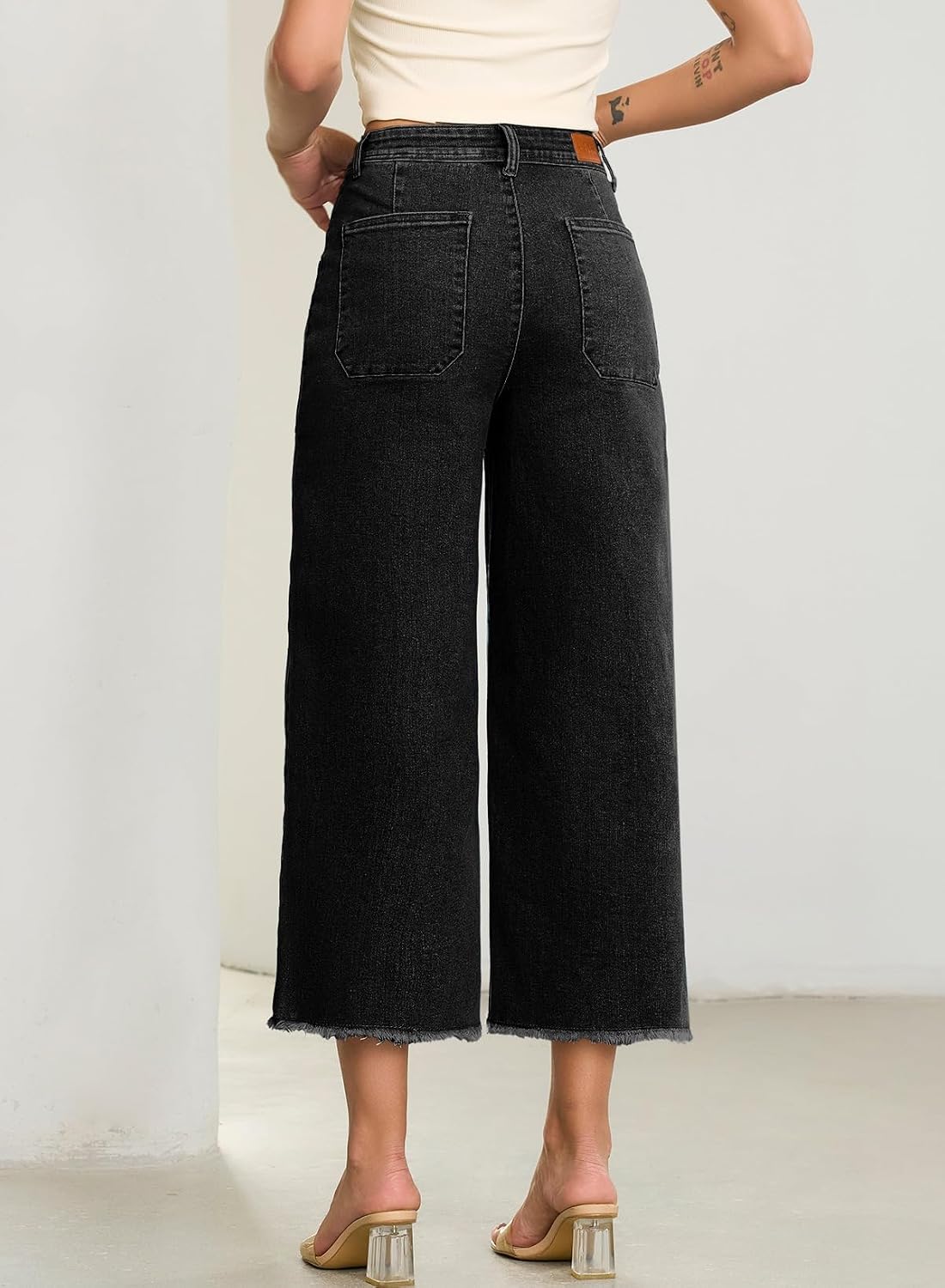 Sidefeel Womens Wide Leg Baggy Capri Jeans High Waisted Straight Leg Stretchy Raw Hem Cropped Denim Pants with Pockets image 2