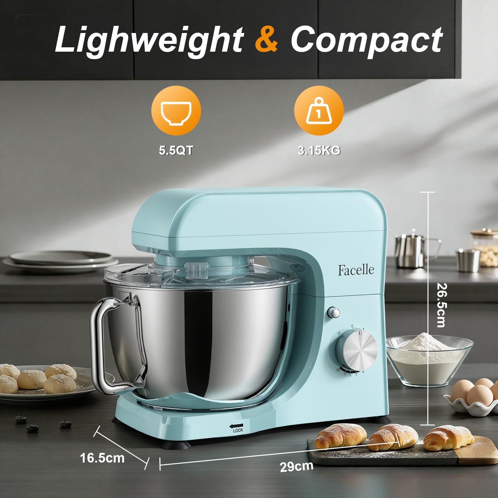 Küchenmaschine 1500W, Knetmaschine mit 10 Geschwindigkeitsstufen, 5.5L Edelstahl-Rührschüsseln, planetarischen Rührsystem, Teigmaschine mit Rührhaken, Knethaken, Schlagbesen und Spritzschutz