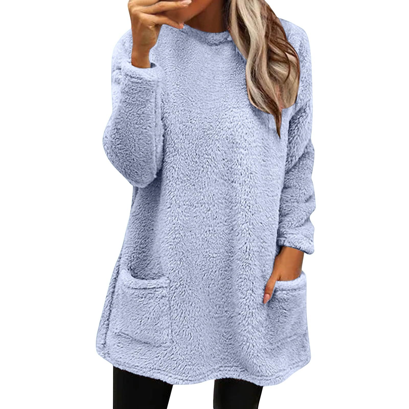 Women Cozy Sweaters Long Tunic Crewneck Chunky Pullover Sherpa Fleece Pajamas Soft Warm Winter Loungewear Tops