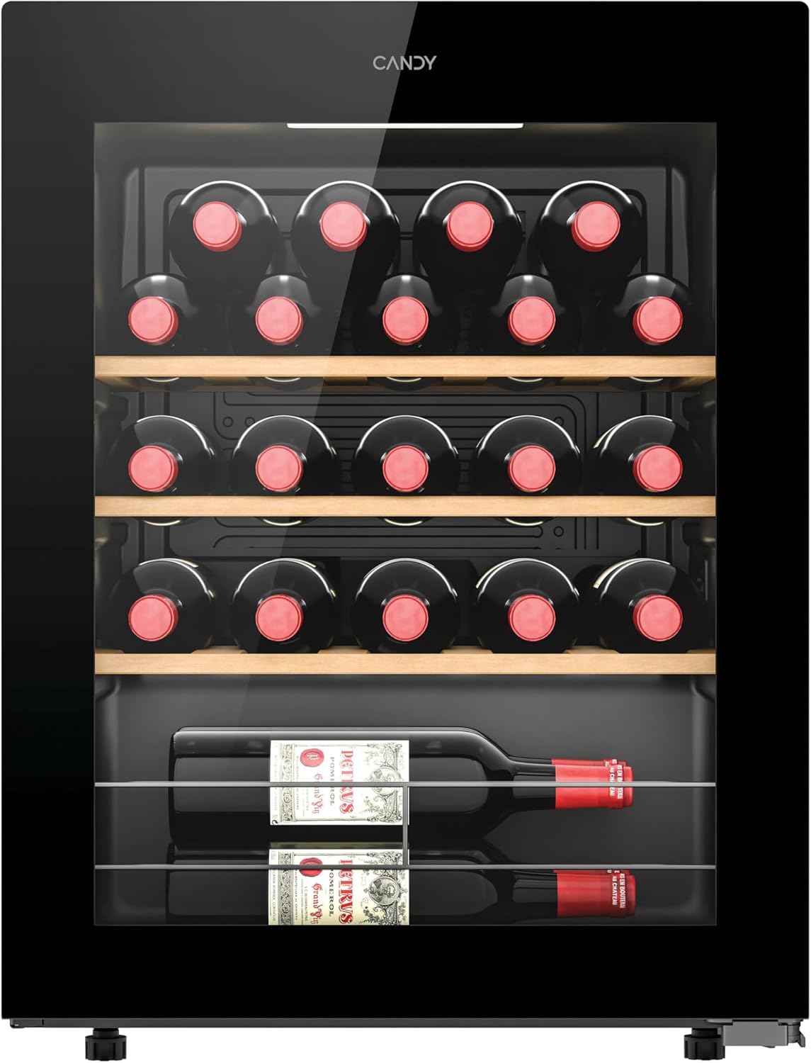 Candy - Cave à Vin Connectée 23 Bouteilles - 1 Porte - Classe Énergétique G - Froid Statique - Noire + Clayettes Bois - 62 Litres - 63 x 47,5 x 45,6 cm - Modèle CWC023