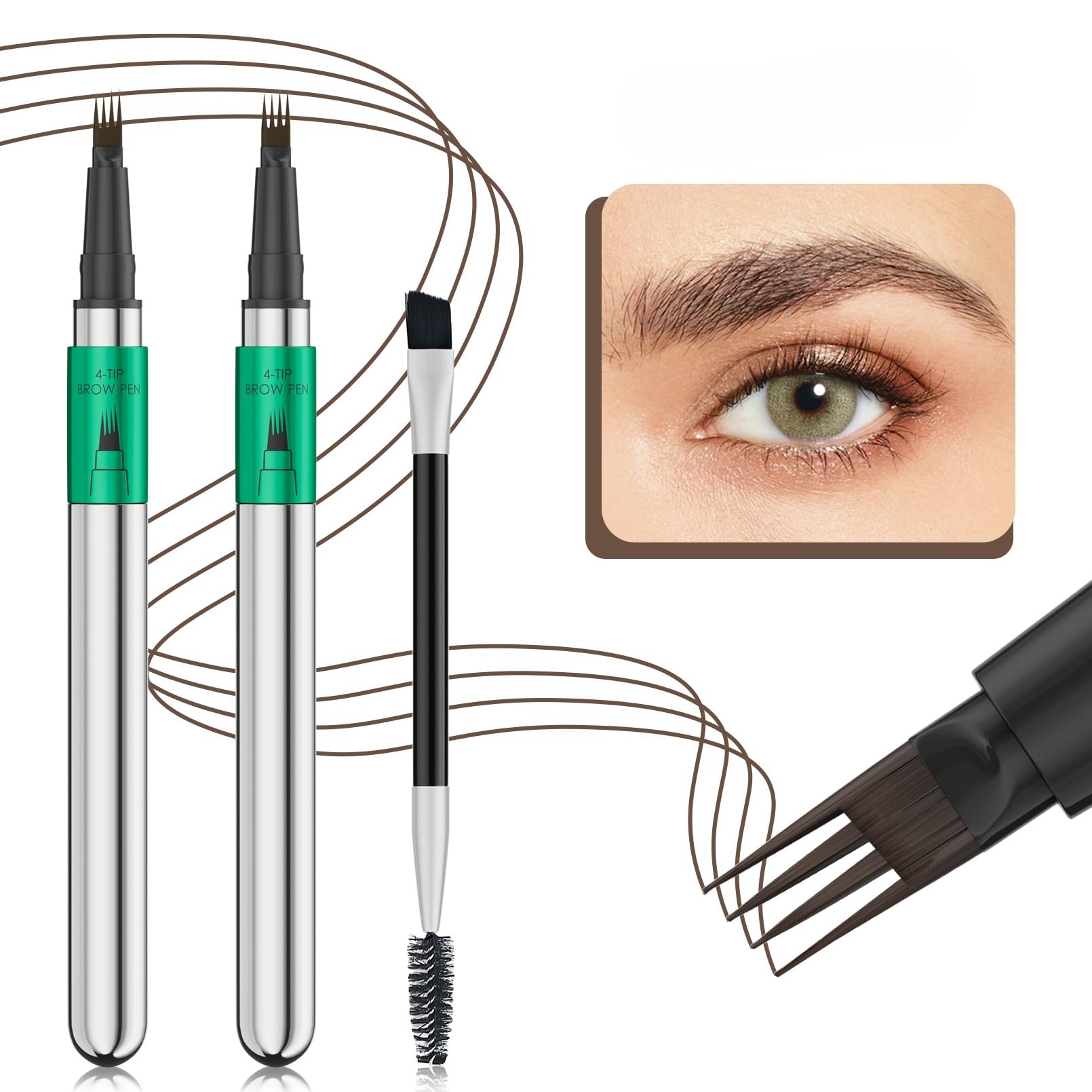 Photo 1 of 2 Pcs Microblading Eyebrow Pen Set with Eyebrow Brush, 3D Waterproof 4-Tip Precision Eyebrow Pencil, Long-Lasting Natural Fine Stroke Magic Eyebrow Pencil for Women Stay All Day (Brown)