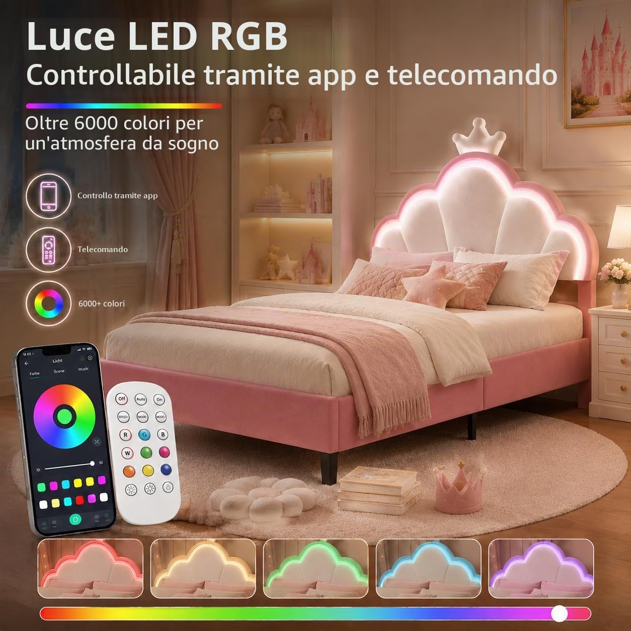 DULRLLY Letto bambini imbottito 90x200 cm, letto singolo con strisce LED regolabili e Testiera a forma di corona, letto Principessa con rete a doghe per bambini ragazze e adolescenti