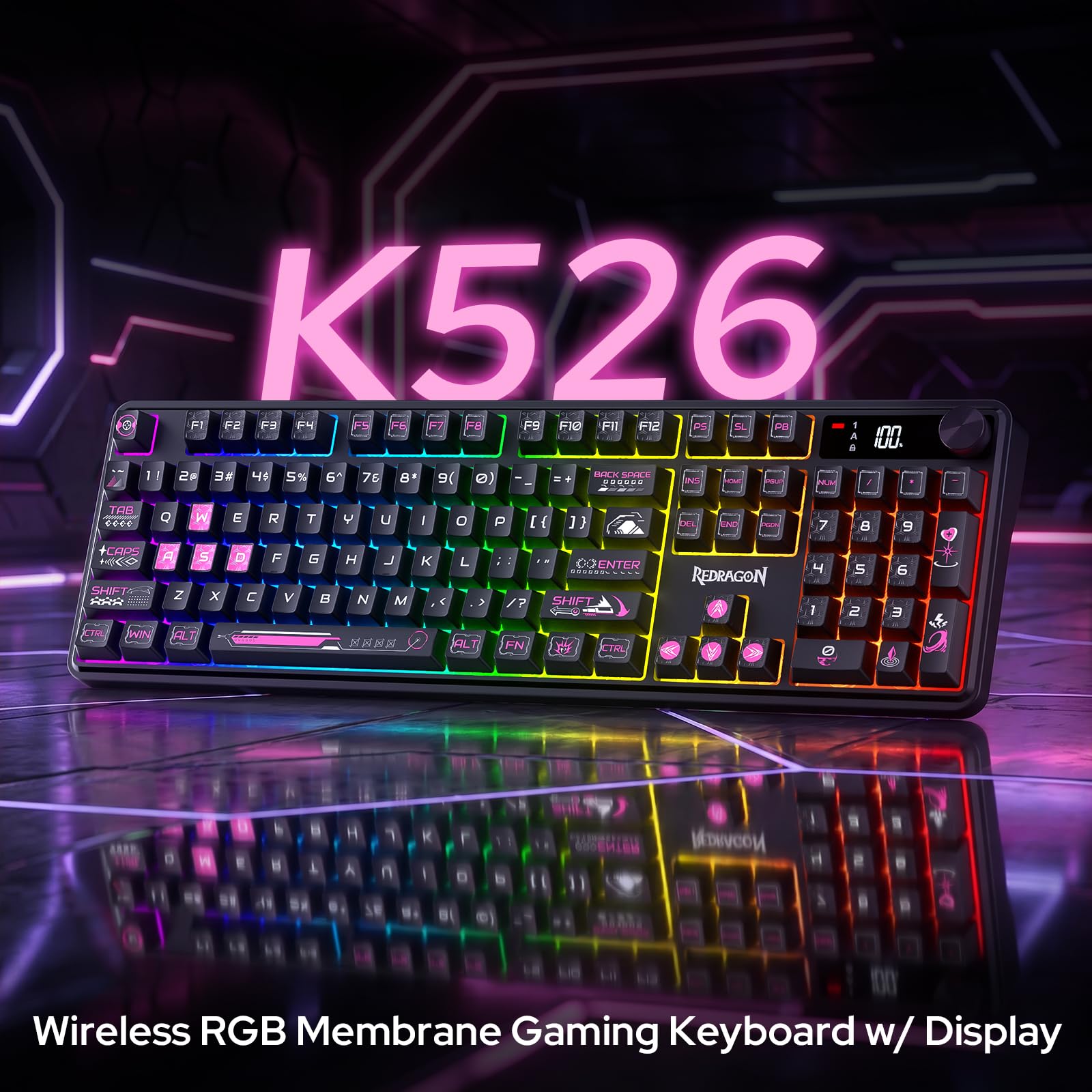 Redragon Teclado inalámbrico K526 PRO RGB para juegos, teclado de 104 teclas de tacto mecánico con pantalla de información LED, control de perilla retroiluminada, interruptor lineal suave y compatible