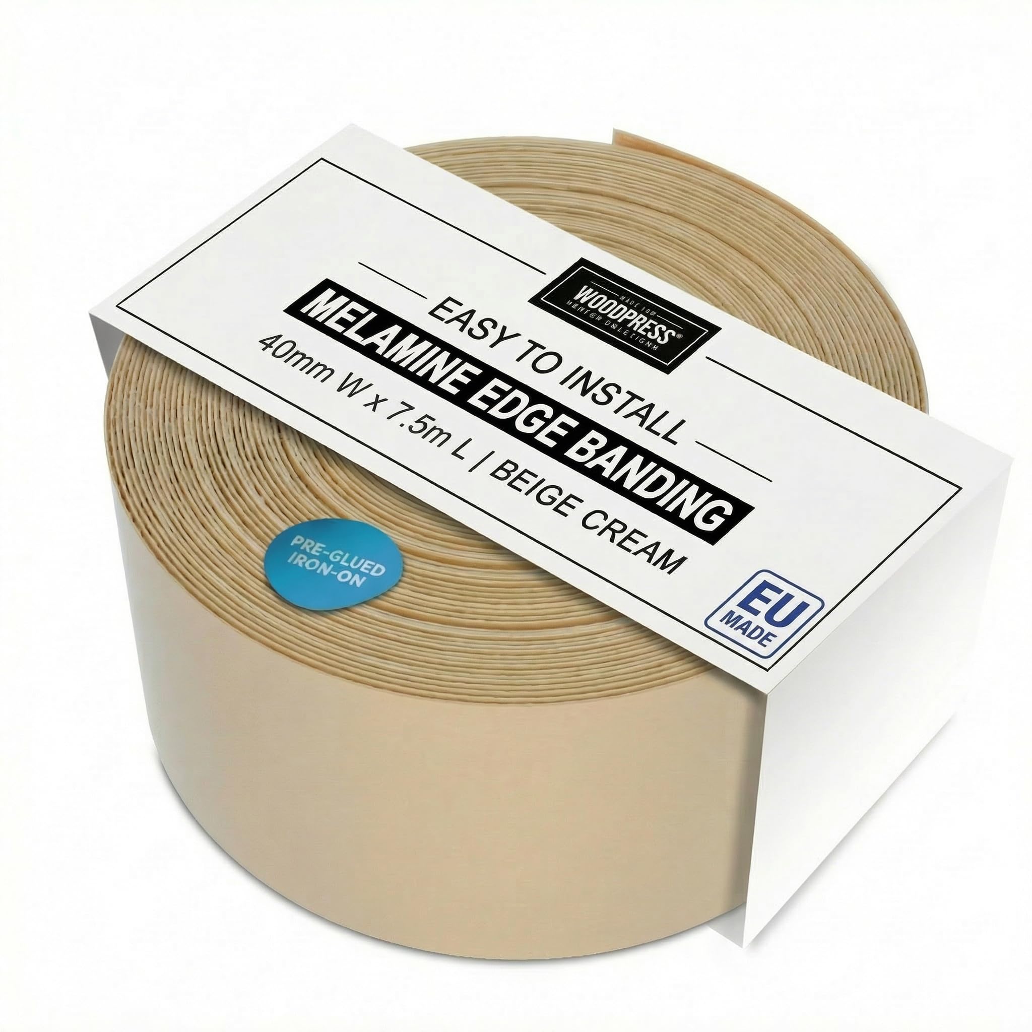 WoodPress® 40mm Beige Cream Melamine Iron-On Edging - 7.5m Edge Tape - Pre-Glued Veneer Strip for Easy DIY - Edge Banding for Furniture Repair - Hot-Melt Backed Trim for Worktop, Shelf, Desk