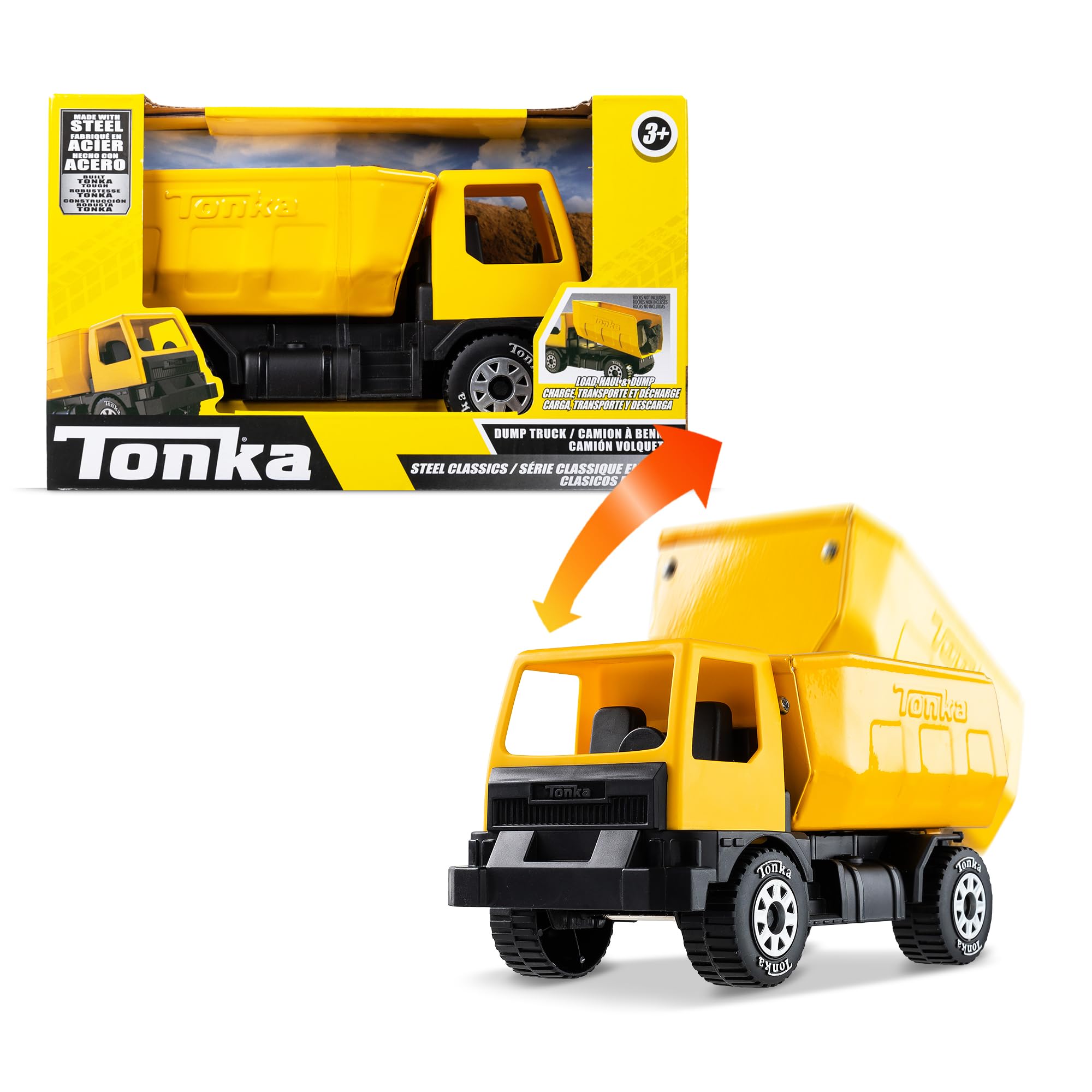 Basic Fun Tonka Mini Steel Classics Dump Truck  Sturdy Metal Construction, Working Dump Bed, Realistic Actions, Vibrant Yellow Design  Perfect for Kids 3+