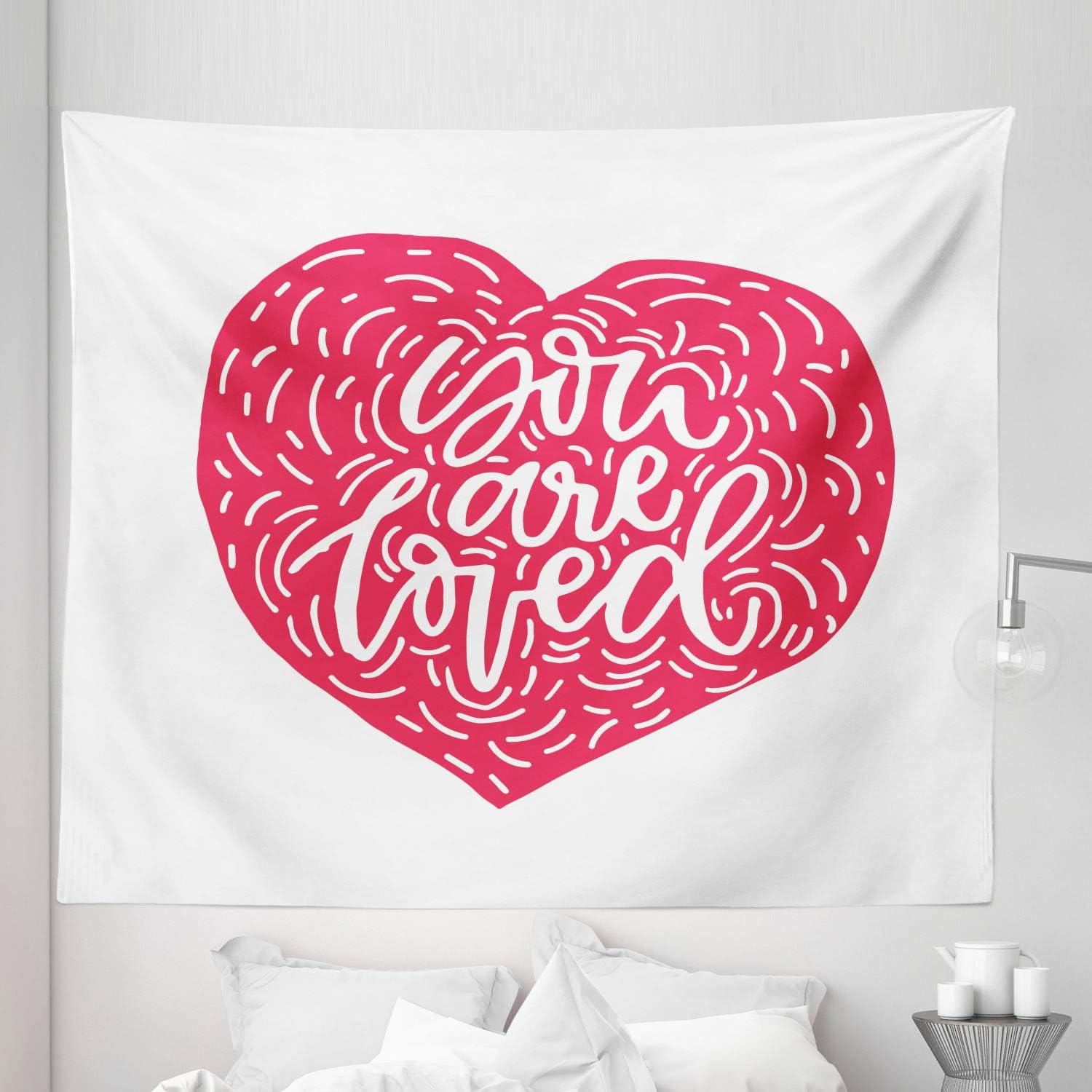 Lunarable Valentines Day Tapestry, Hand Written Calligraphy of You are Loved on Simple Drawn Heart, Fabric Wall Hanging Decor for Bedroom Living Room Dorm, 23" X 28", Dark Coral and White