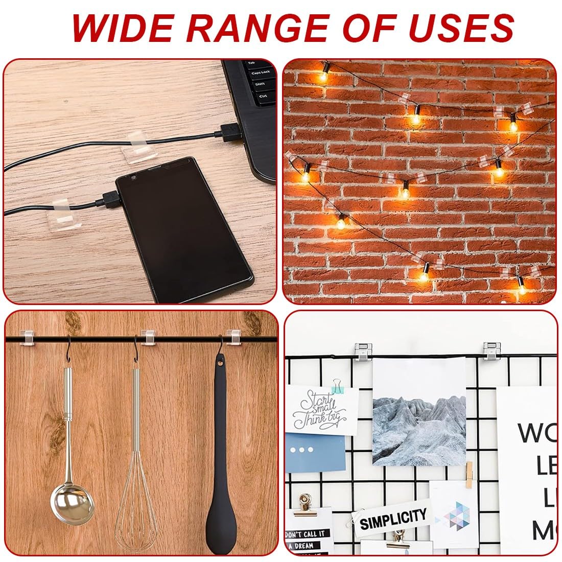 Ganchos Adhesivos para Pared Exterior, 60 Pcs Cables Autoadhesivos,Resistentes, para Organizar Cables en Muebles y Paredes, Aptos para Uso en Interiores y Exteriores