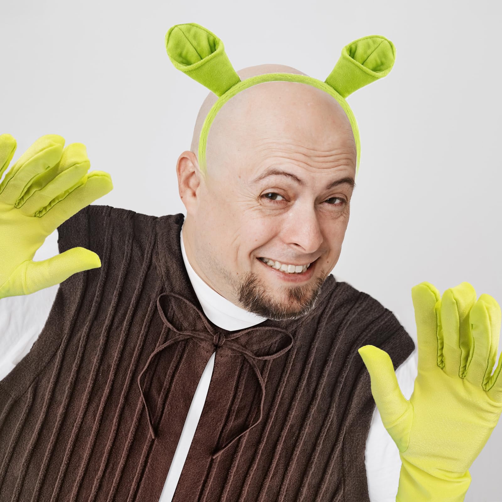 Hifot 3 Piezas Diadema Ogro Verde Mujer Hombre Diadema con Orejas Chaleco marrón guantes verdes Halloween Accesorios Pelo Mujer para Fiesta Cosplay Carnaval Disfraz Adulto