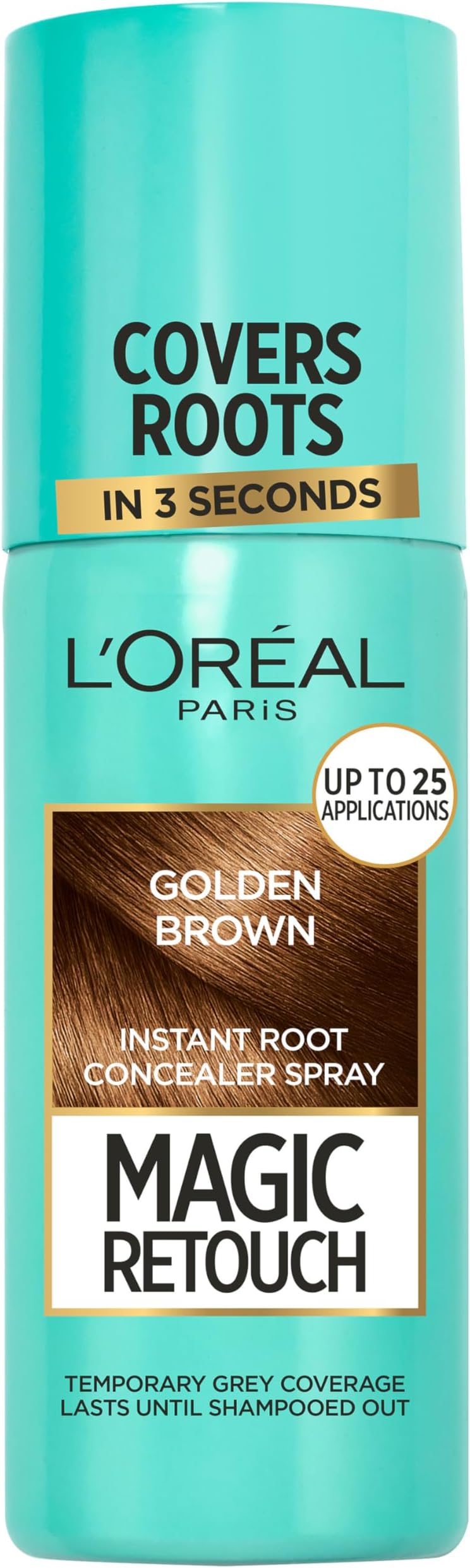 L'Oréal Paris Golden Brown Magic Retouch Hair Colour Root Concealer Spray (75ml), Instant 100% Grey Coverage & Flawless Blend, Quick & Easy Application