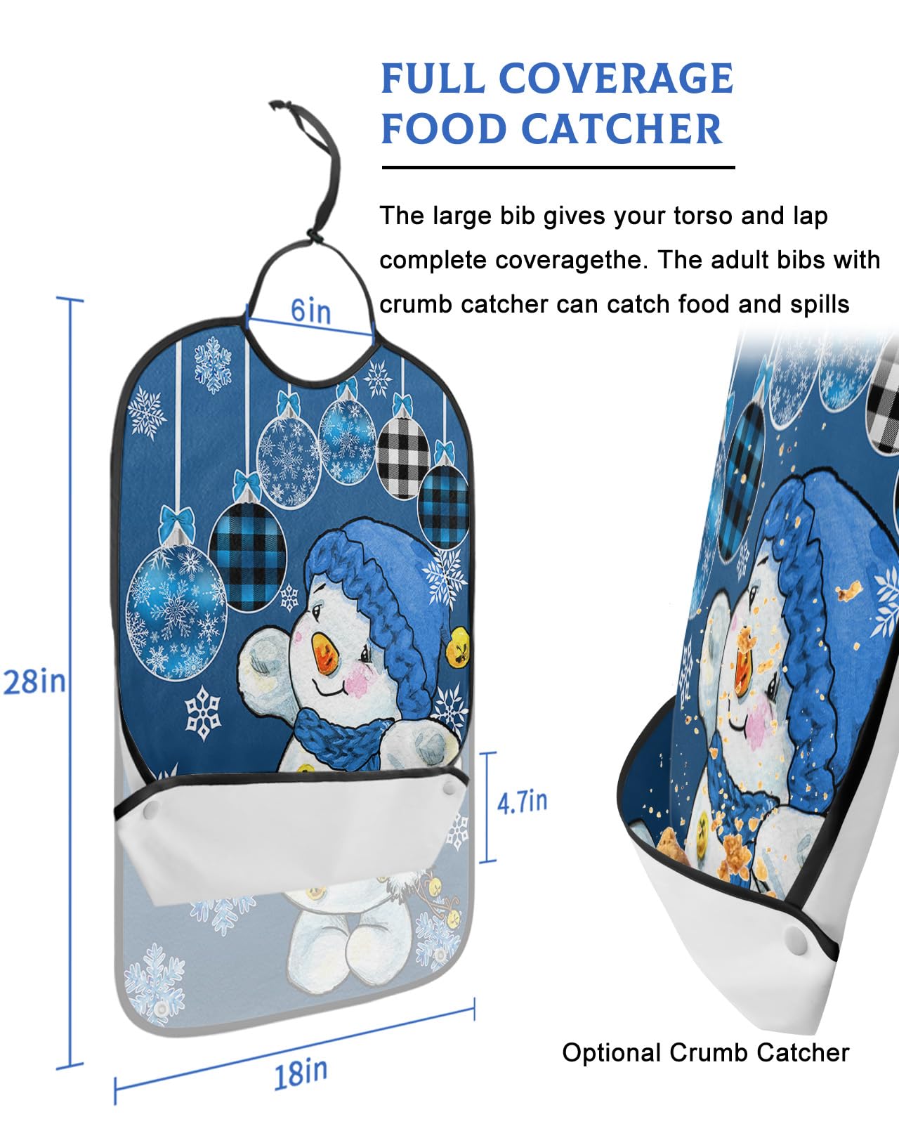 Christmas Adult Bibs for Eating, Waterproof Bibs with Food Catcher & Adjustable Snap Closure, Xmas Snowman Blue Christmas Balls Snowflake Washable Clothing Protectors Adult Bibs for Elderly Women/Men