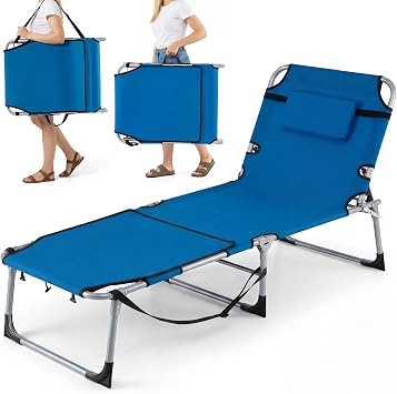 Giantex Tanning Chair, 330Lbs Patio Lounge Chair with 5 Adjustable Position, Face & Arm Hole, Hand/Shoulder Strap, Removable Pillow, Side Pocket, Chaise Lounger for Beach Sunbathing Outdoor, Blue