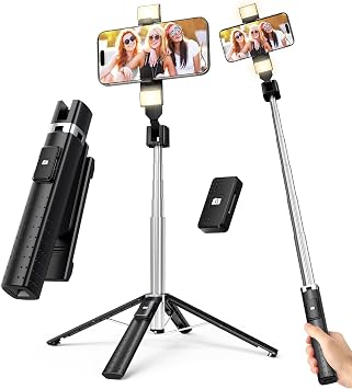 Selfie Stick Tripod for iPhone & Android, Phone Tripod Stand with Wireless Remote, 41" Extendable, 2 Rechargeable LED Fill Lights, Stainless Steel, 3 Light Modes and 9 Brightness Levels