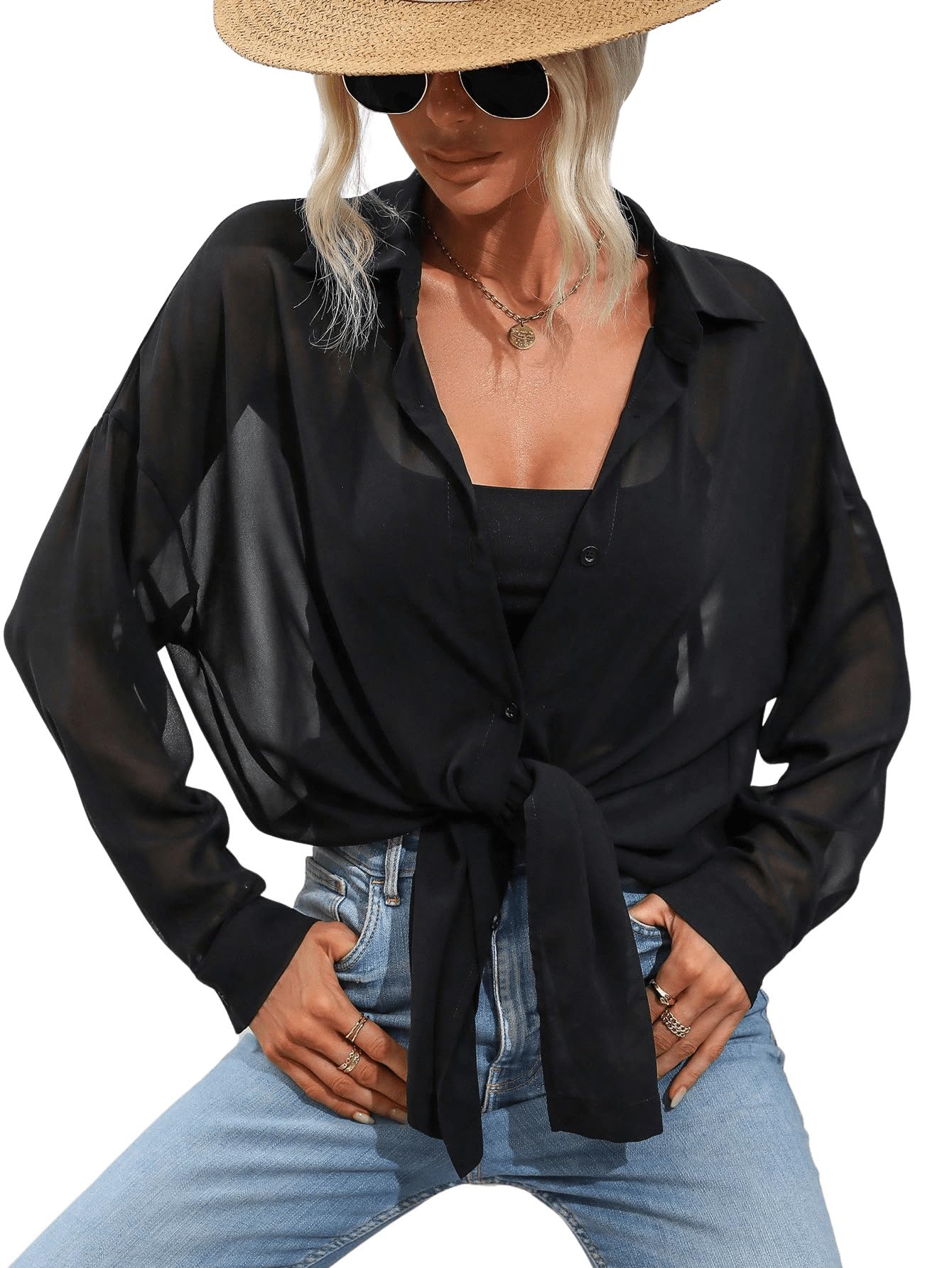 GORGLITTER Camicetta da donna trasparente in rete, con bottoni, larga, lunga in chiffon