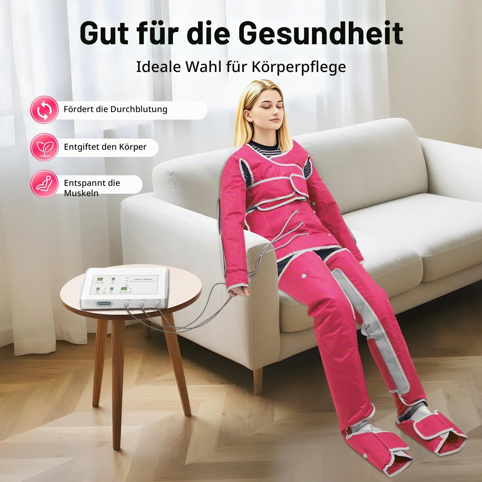 Lymphdrainage Gerät mit Infrarot-Wärme, Ganzkörper Massagegerät mit 7 Druckstufen, Luftdruck Massagegerät für Beine und Arme, 400W Beinmassagegerät mit 6 Programmen, Inklusive Ganzkörper-Anzug