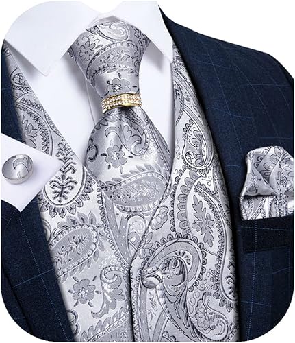 DiBanGu Chaleco de traje formal para hombre, chaleco de cachemira jacquard con lazo y anillo de corbata, fiesta de boda, 5 unidades