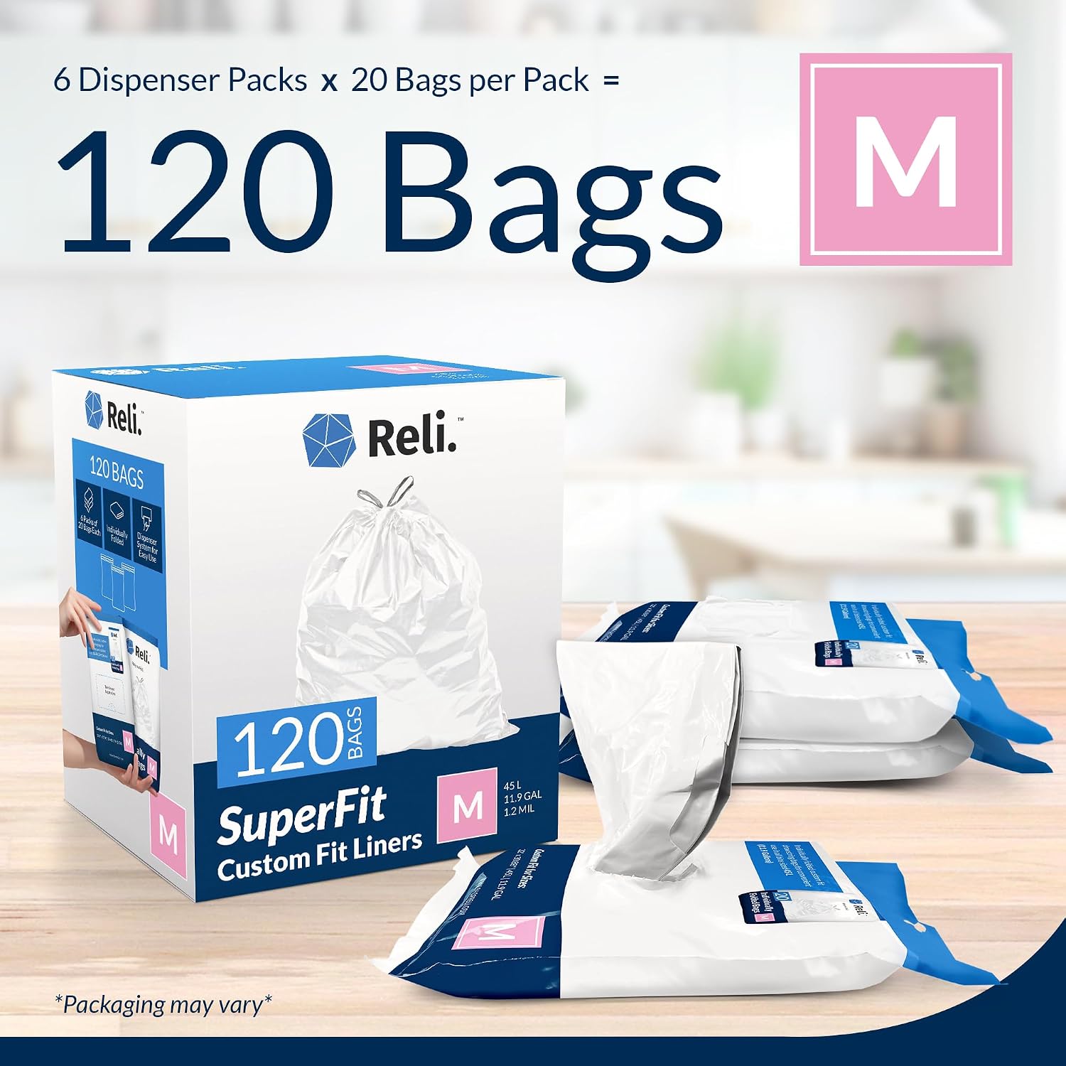 Reli. SuperFit Code M (120 Count) | Compatible with Simplehuman Code M | Dispenser Pack Custom Fit Liners | Drawstring Trash Bags | 45 Liter / 11.9 Gallon | White