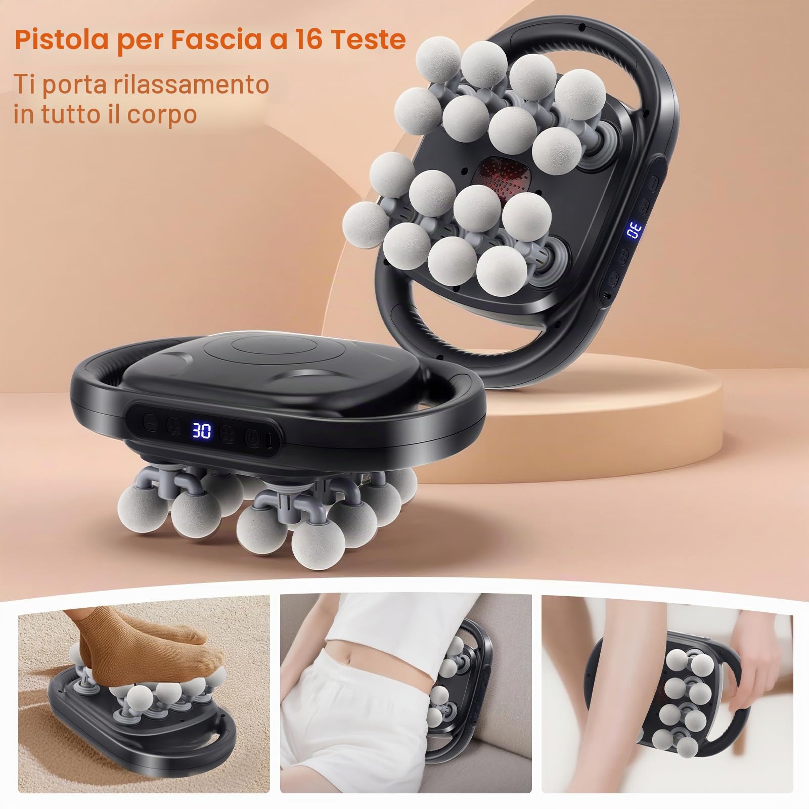 Pistola Massaggio Muscolare con Luce Rossa, 16 Teste Massaggiatore Muscolare Elettrico con 9 modalità e 30 velocità Regolabili, per Alleviare la Tensione Muscolare e L'affaticamento per Schiena Gambe
