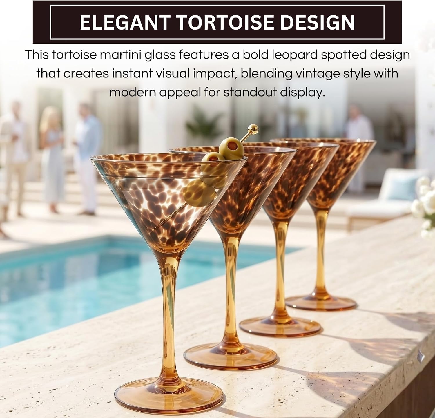 Tortoise Leopard Print Martini Glasses Set of 4 | 9oz Borosilicate Spotted Cocktail Goblet Stemware | Vintage Amber Animal Pattern Barware, Elegant Wedding Party & Home Bar Gift Decor for Men & Women