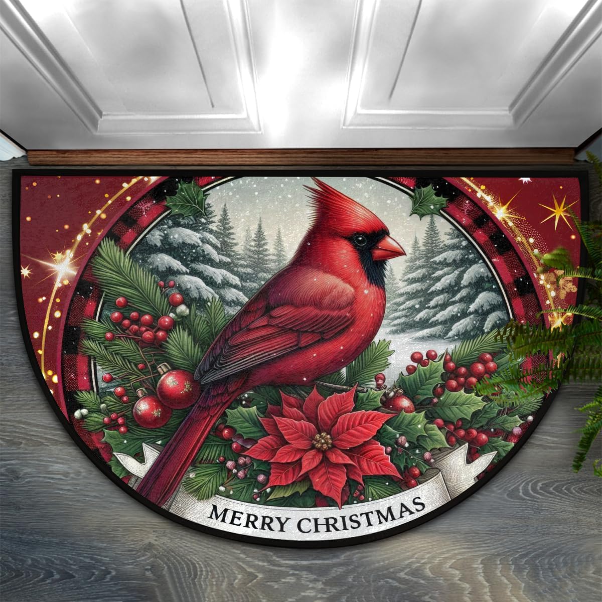 Christmas round red leader Half Round Door Mat Non Slip Washable Semi Circle Area Rug Absorbent Soft Half Moon Rug Floor Mat for Indoor Outdoor Kitchen Bathroom Patio Front Door Mat Decor,a-67