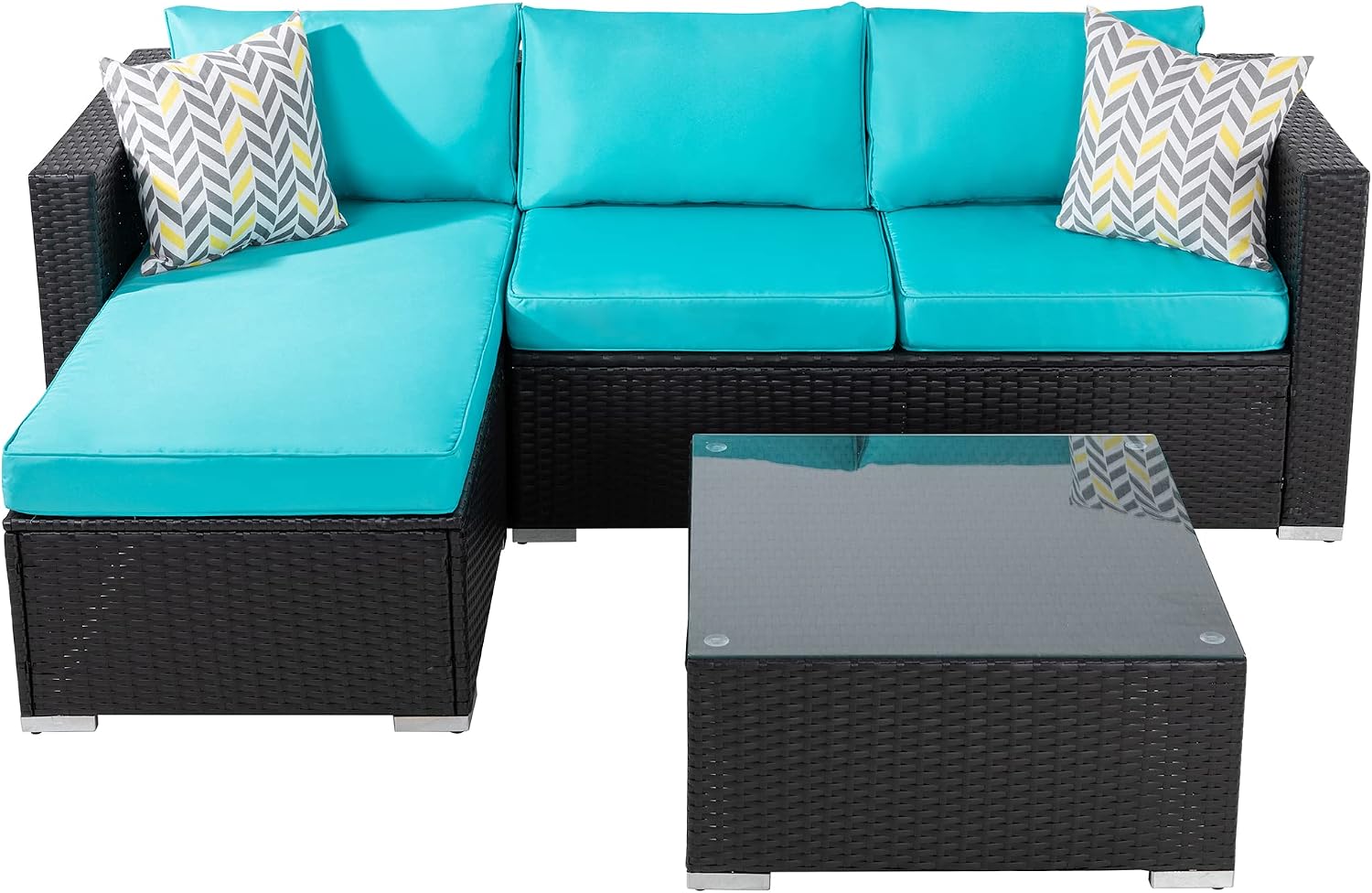 Shintenchi Outdoor Wicker Patio Sofa Set, Black All-Weather Rattan Small Sectional Patio Set and Chaise Lounge w/ Glass Coffee Table and Washable Couch Cushions Patio Conversation Set (3 Piece,Blue)