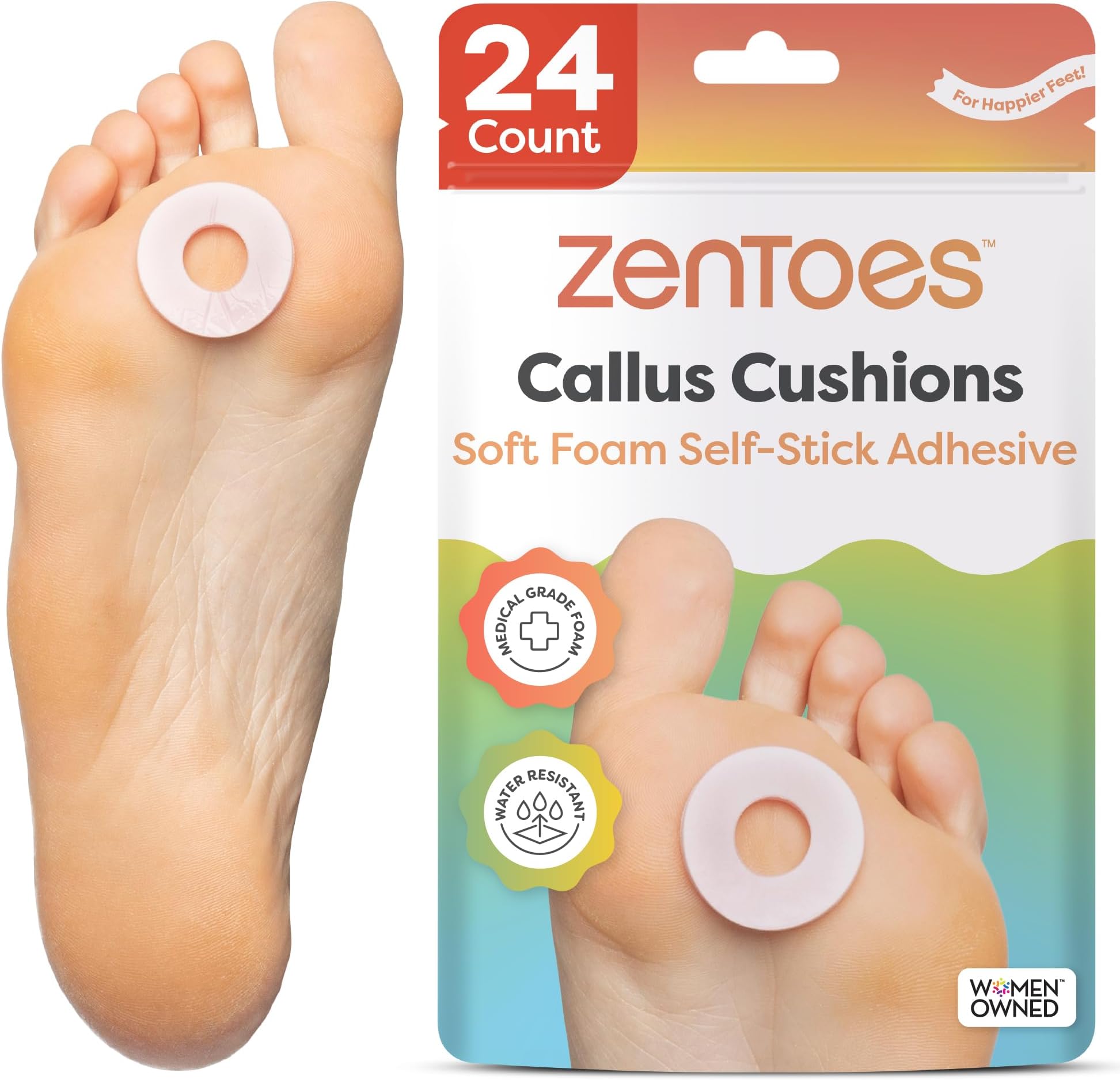 ZenToes Callus Cushions | Water-Resistant Self-Stick Adhesive Corn Pads | Foot, Heel, & Toe Discomfort Relief | Soft Foam for Friction Protection | Ideal for Active Lifestyles | 24-Pack