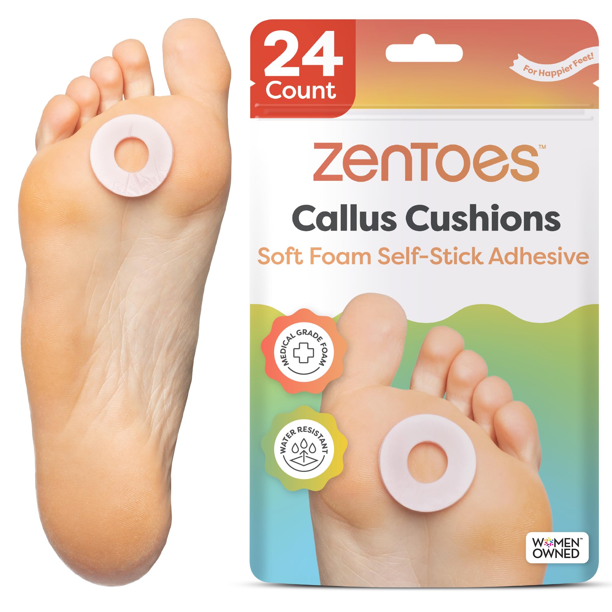 ZenToes Callus Cushions | Water-Resistant Self-Stick Adhesive Corn Pads | Foot, Heel, & Toe Discomfort Relief | Soft Foam for Friction Protection | Ideal for Active Lifestyles | 24-Pack