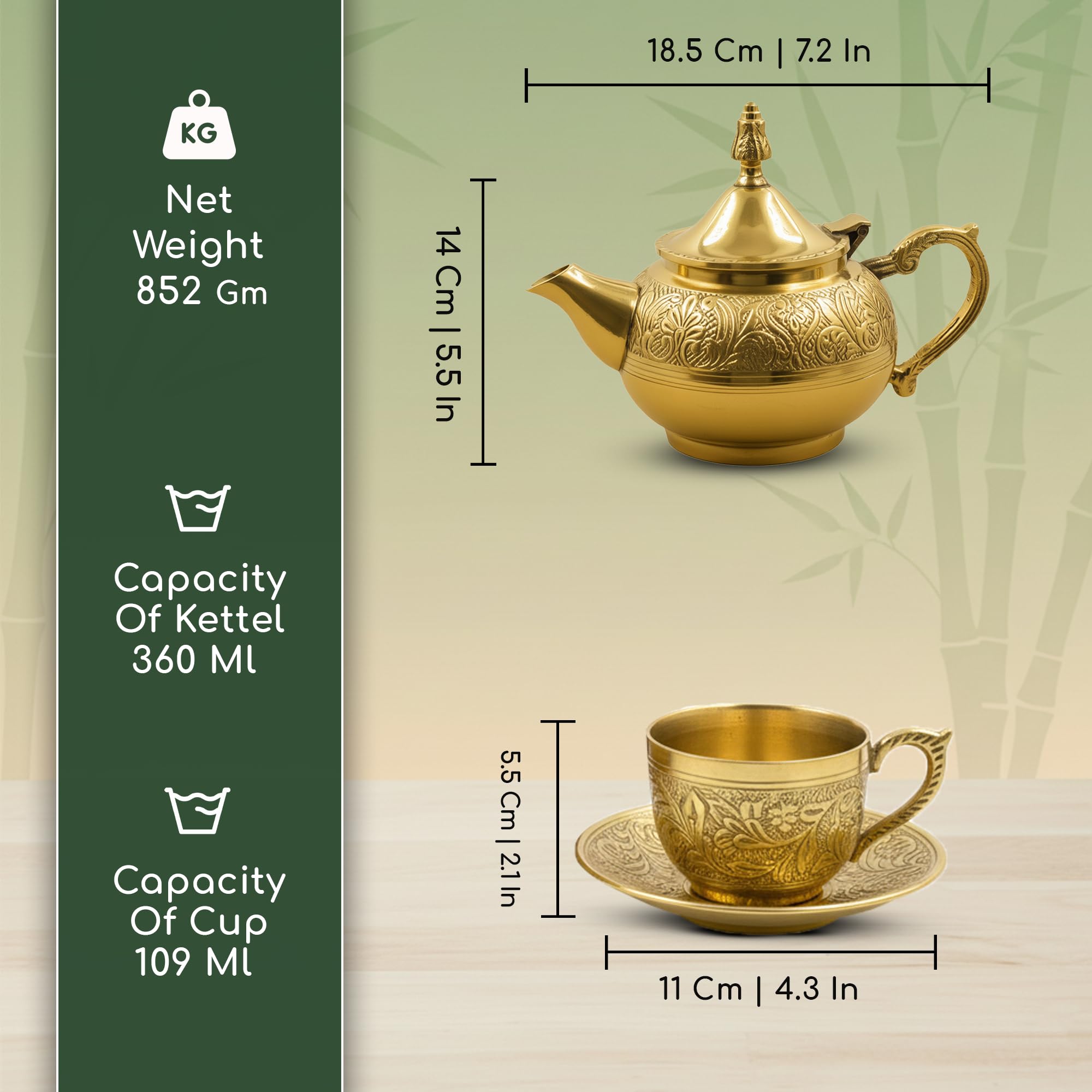 Moongil Traditional Handcrafted Brass Tea Kettle|Tea Pot|Engraved Design|Coffee Pots |Serving Tea and Coffee Beverages| Antique Look Kettle - Tea Pot with Cup and Saucer Set of (4) 3