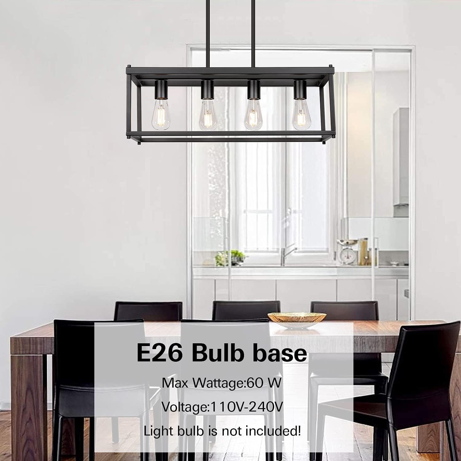 4-Light Island Lights, Industrial Dining Room Lighting Fixture, Kitchen Island Pendant Lighting, Linear Chandelier with Black Painting, for Dining Room Kitchen Island Pool Table, ETL Listed