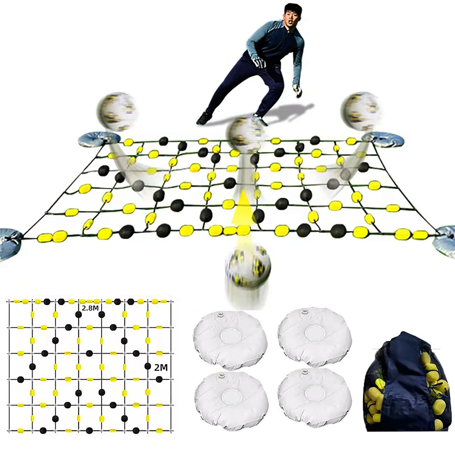 Rimbalzatore da calcio, catena di rimbalzo quadrata per portiere, attrezzatura per allenamento di reazione con borsa portapalle/4*borsa per l'acqua, attrezzatura per portiere di calcio,2.8m/9.18ft