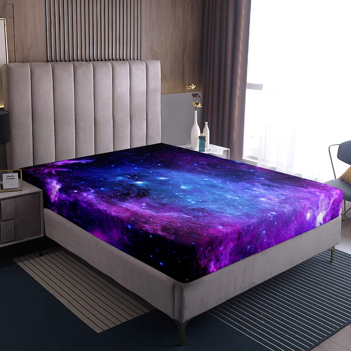 Loussiesd Blue Purple Galaxy Bed Sheet Double for Children Starry Sky Fitted Sheet Space Universe Cosmos Non-Slip Soft Microfiber Youth Fitted Sheet Milky Way Galaxy