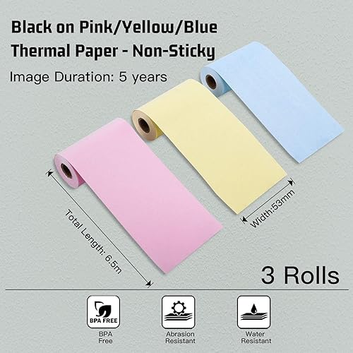 Miniatura 2 de Memoking T02/M02X/M02L Papel Térmico Rosa/Amarillo/Azul - 5 años No pegajoso 2.087 in x 21.3 ft para diario, textos fotográficos, notas de estudio y